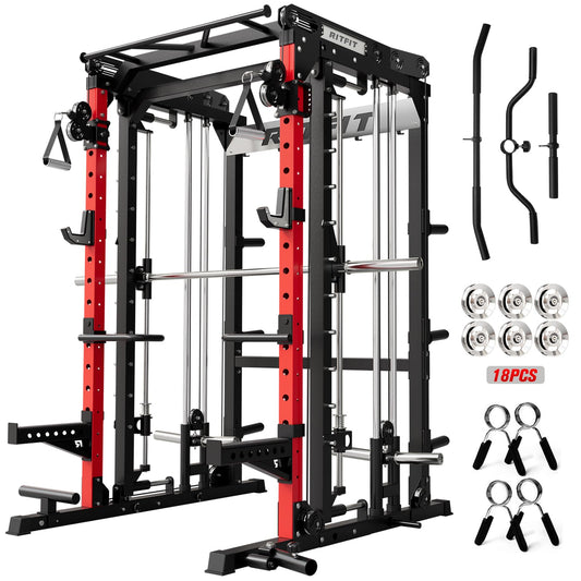 RitFit M2 Smith Machine with with Cable Crossover System, 3D Functional Trainer & Power Cage, 16 Adjustment Holes, 6 Storage Pegs for Full-Body Home Gym(M2-3D Red)