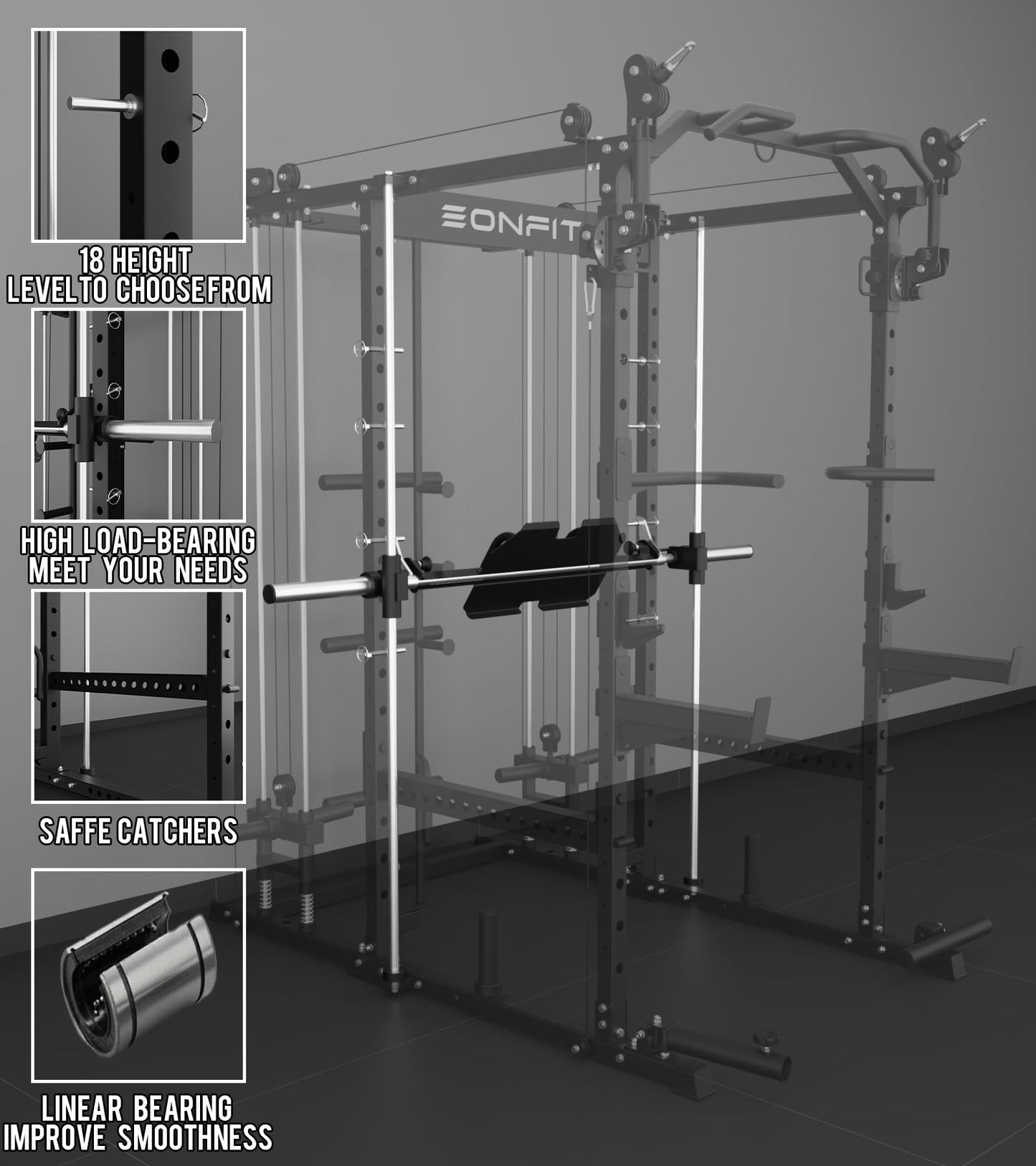 EonfitOmni Eonfit E5 Smith Machine with Vertical Leg Press, Power Cage Squat Rack with LAT-Pull Down Cable Crossover Rotating Arms System Home Gym Equipment All in One (Black, PRO)