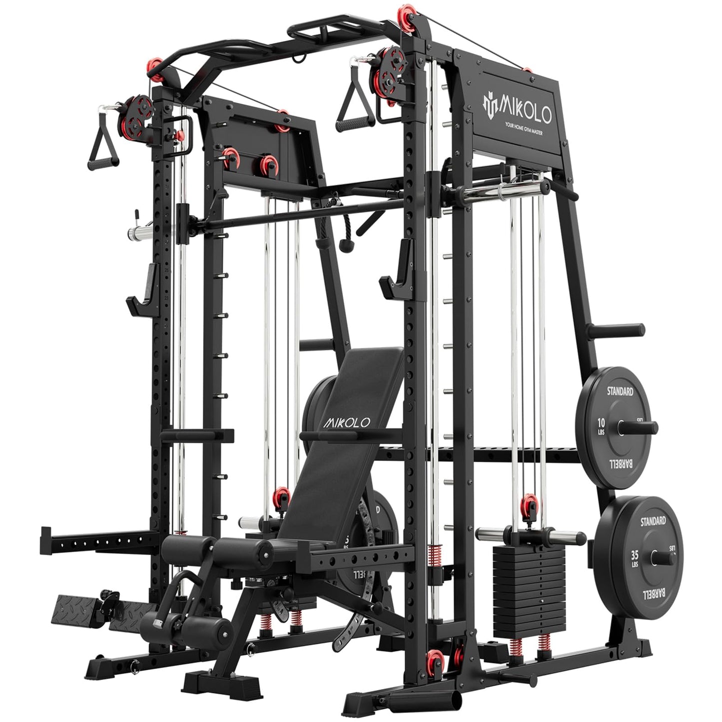 Mikolo M4 2.0 Elite Smith Machine with 230 lbs Bumper Weight Plates, Multi-Function Squat Rack with LAT-Pull Down System & Cable Crossover Machine, Home Gym Equipment, Black