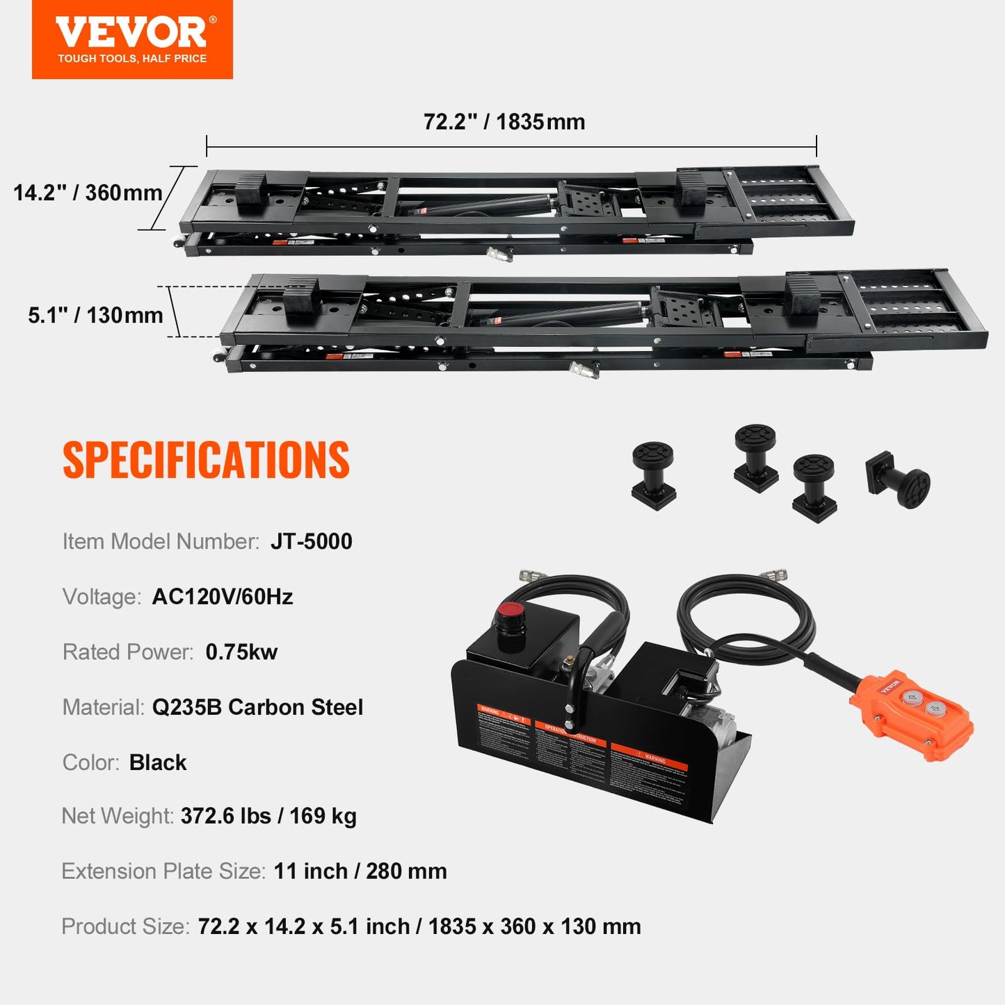 VEVOR Portable Car Lift - 5,000 LBS Capacity, Extended-Length Plates, 25.6" Max. Height, Heavy-Duty Carbon Steel Truck Lift with 120V Power Unit