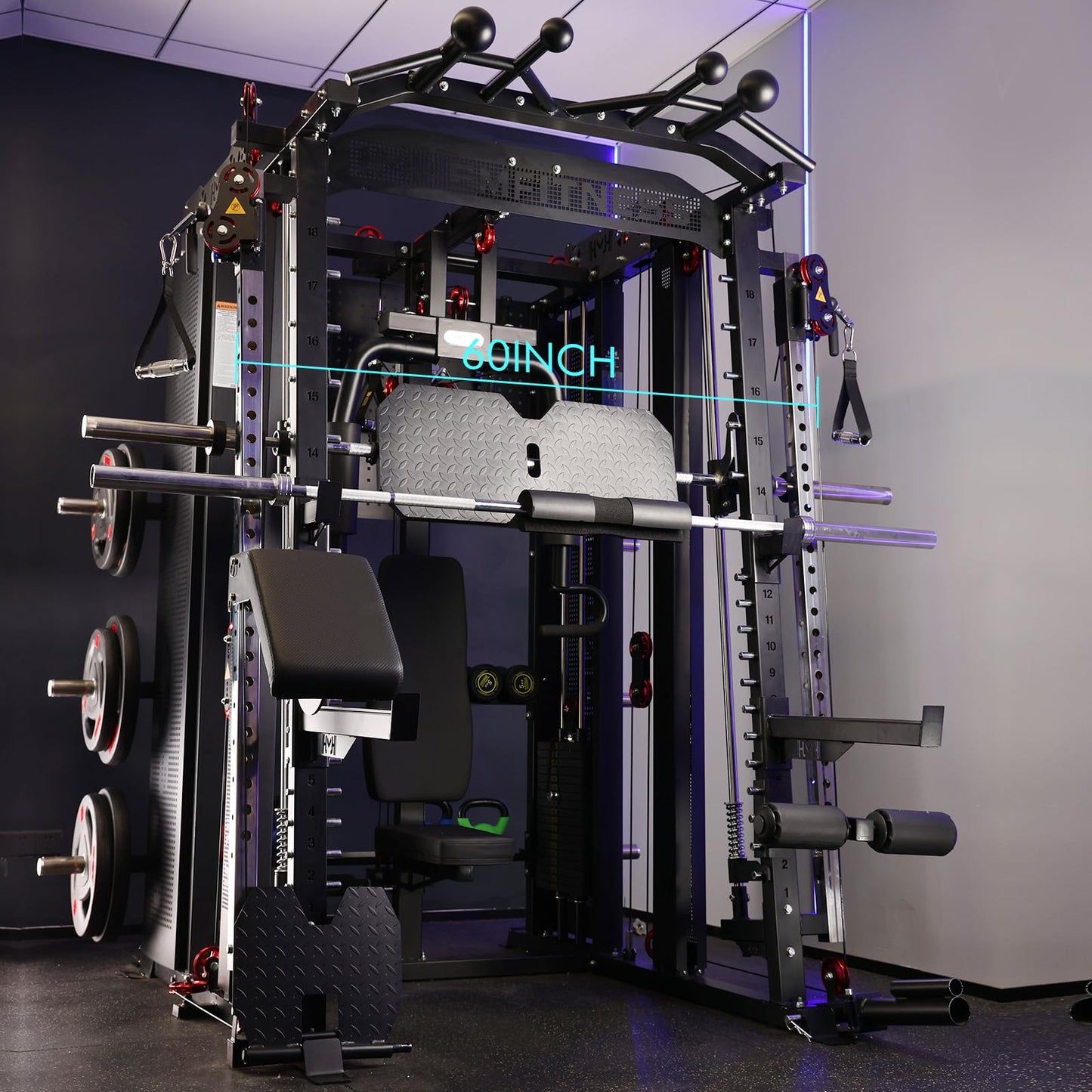 Commercial Smith Machine with Smith Bar, Power Cage Squat Rack with Lever Arm, Leg Press, LAT Pull Down System, Cable Crossover Machine (B) S1 Pro + 155KG Weight + Olympic Bar+ M201 Bench
