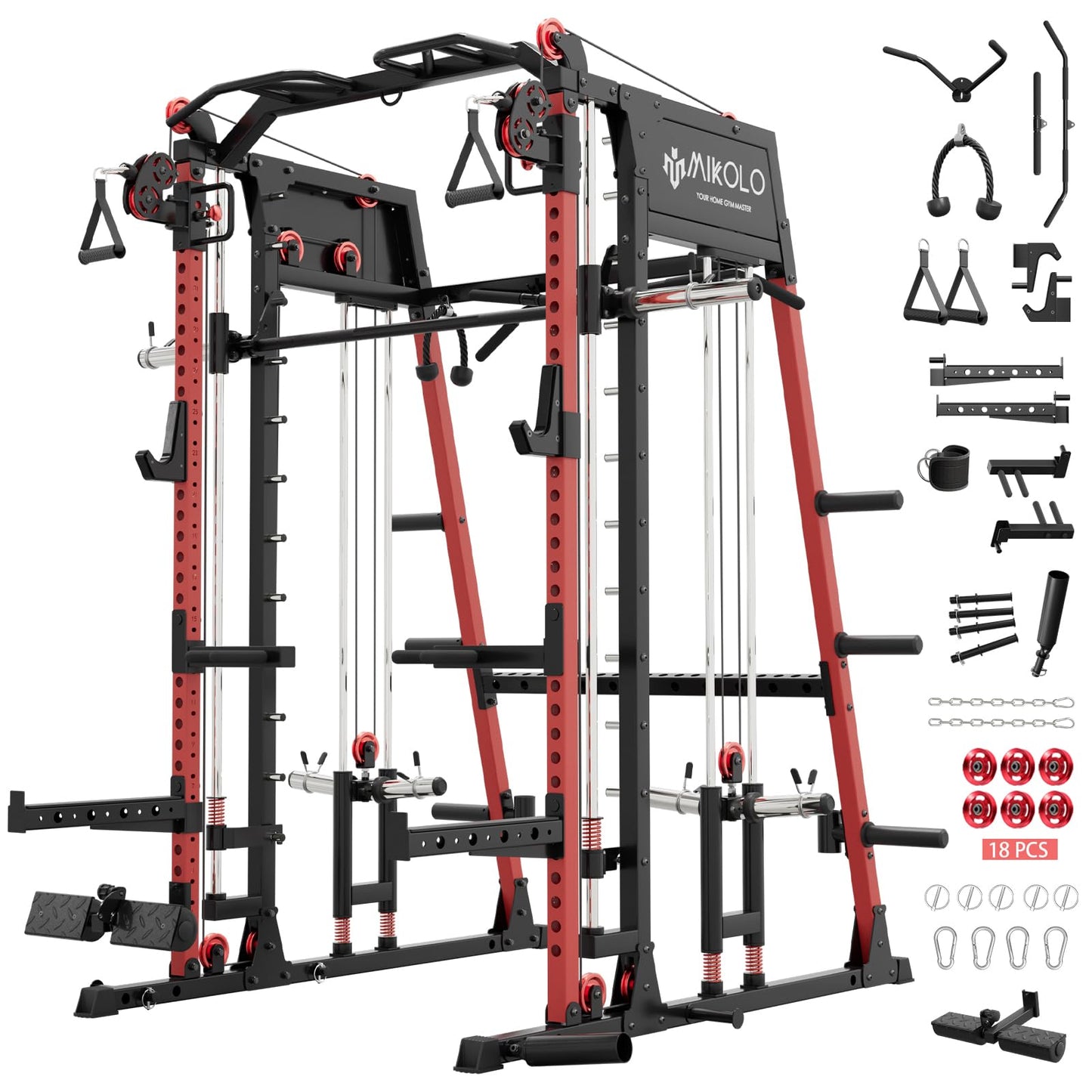 Mikolo Smith Machine, 2200lbs Squat Rack with LAT-Pull Down System & Cable Crossover Machine, Multi-Function Power Cage, Red