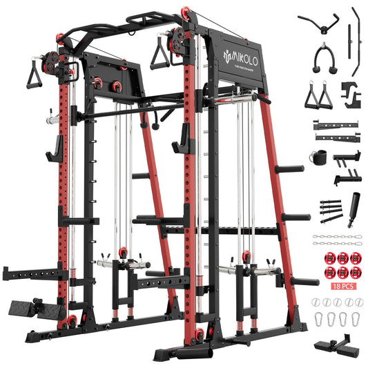 Mikolo Smith Machine, 2200lbs Squat Rack with LAT-Pull Down System & Cable Crossover Machine, Multi-Function Power Cage, Red