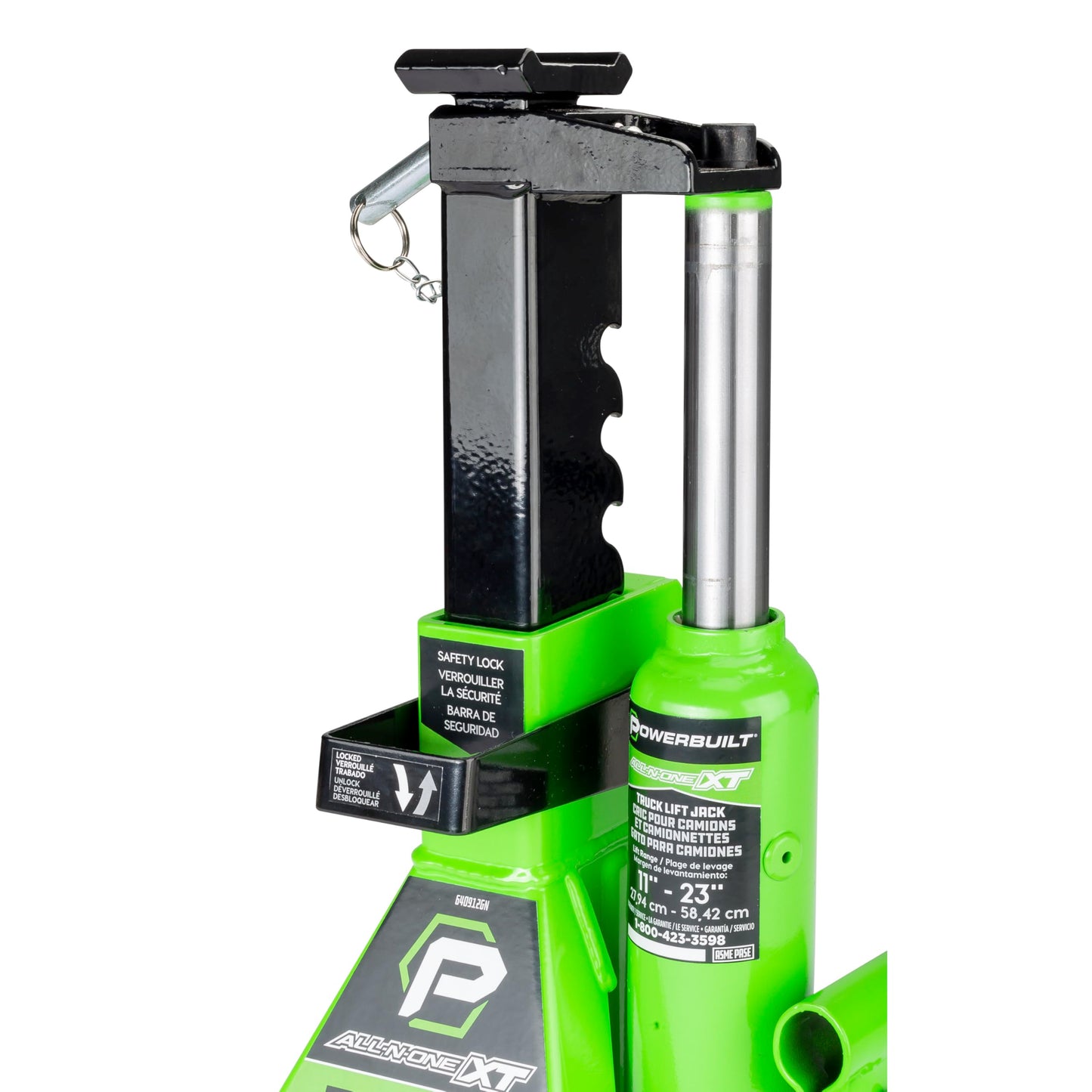 POWERBUILT 3 Ton All-in-One Hydraulic Bottle Jack and Jackstand in One, Compact, Wide Base, 11-21 inch Range, Eliminates Jackstands, for Trucks, SUVs, RVs, Trailers, Not for Sedans (Green) 640912GN