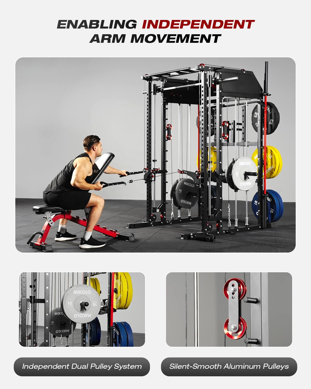 Mikolo Smith Machine, Multi-Function Power Cage with Dual Pulley System, Vertical Leg Press Attachment, Squat Rack Power Rack with More Training Attachment for Home Gym (M7230HPHGPB)