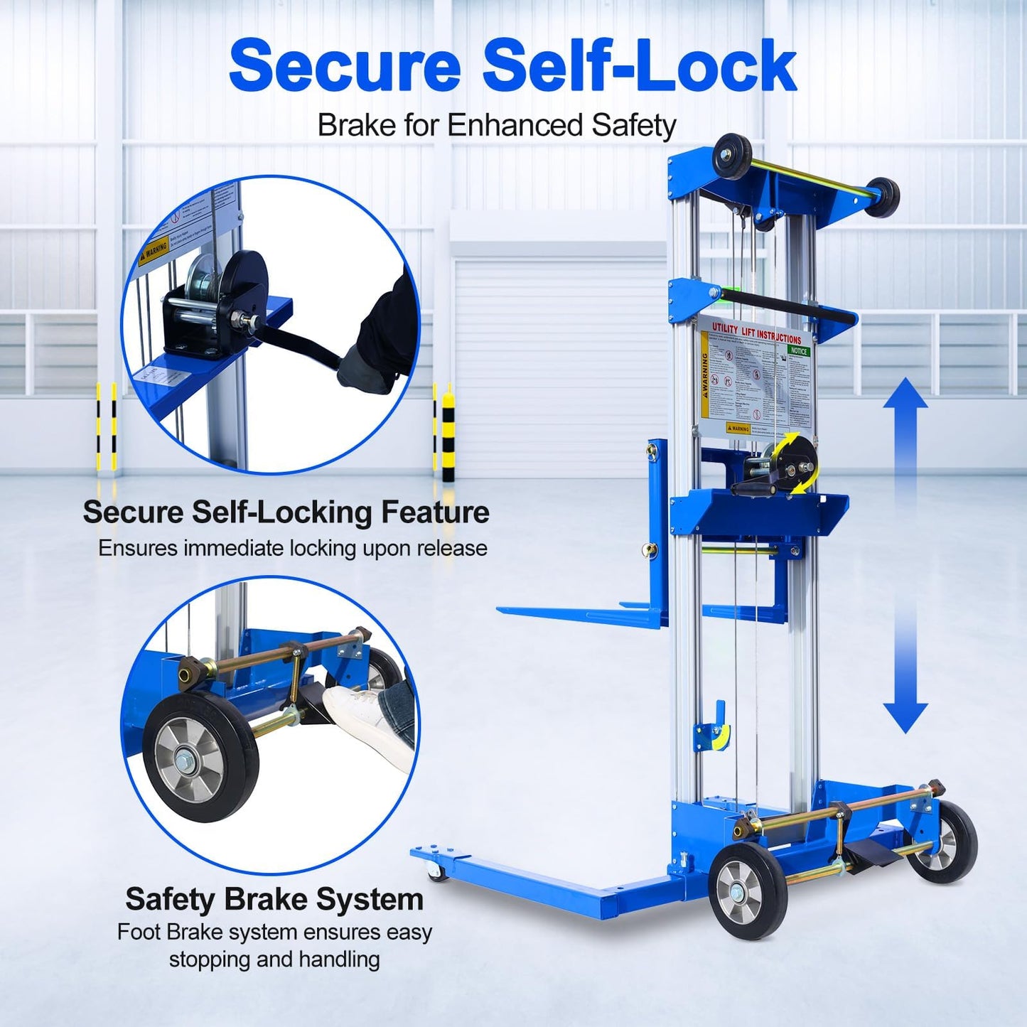 ELOMBR 70" Material Lift Winch Stacker, 500 lbs Capacity Manual Material Lifts, Adjustable Straddle Material Lifter, Hand Winch Lift Trucks for Warehouse, Factory, Lightweight, 42.90" L x 43.30" W