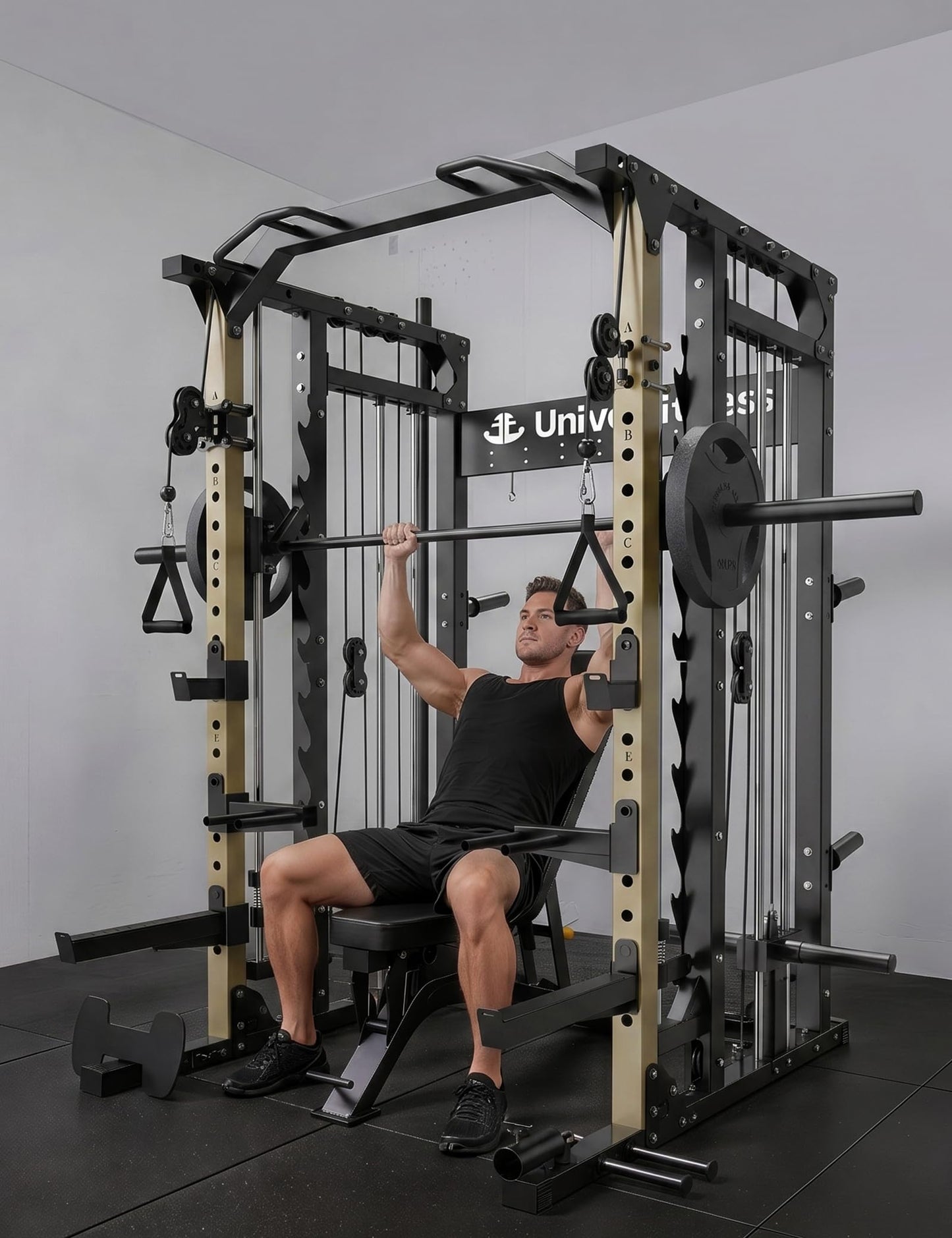 Unive Fitness Smith Machine, All-in-One Home Gym Power Cage with Squat Rack, Dual Cable Crossover & Pulley System, Complete Attachments for Full Body Workouts (DE Smith Machine)