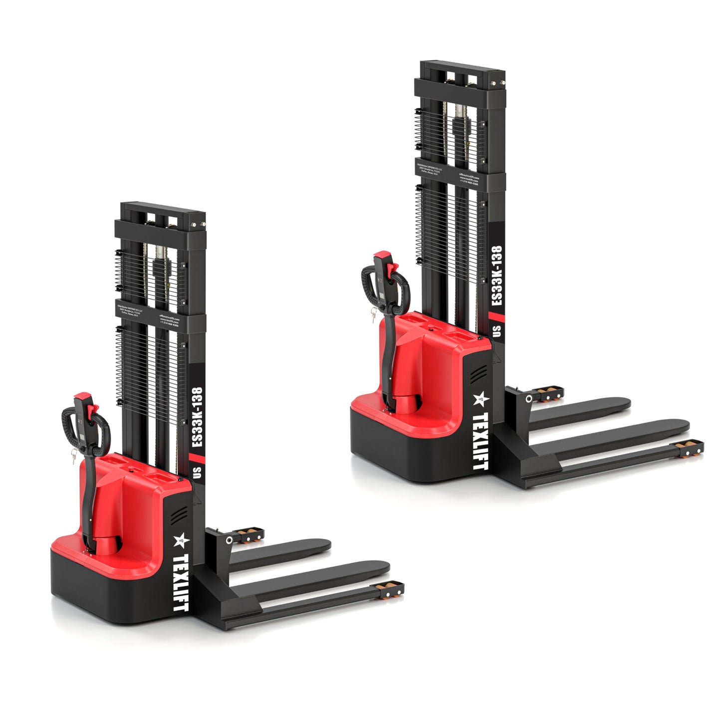 TEXLIFT Full Electric Forklift Walkie Pallet Stacker with Fixed Straddle Legs and Adjustable Forks 5.50 Inch to 27 Inch – Material Lifter 3300lbs Capacity 138 Inch Lifting Heights - 2 Pack
