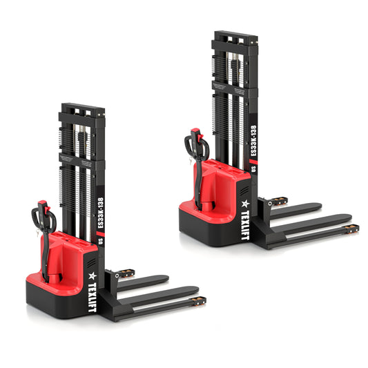 TEXLIFT Full Electric Forklift Walkie Pallet Stacker with Fixed Straddle Legs and Adjustable Forks 5.50 Inch to 27 Inch – Material Lifter 3300lbs Capacity 138 Inch Lifting Heights - 2 Pack