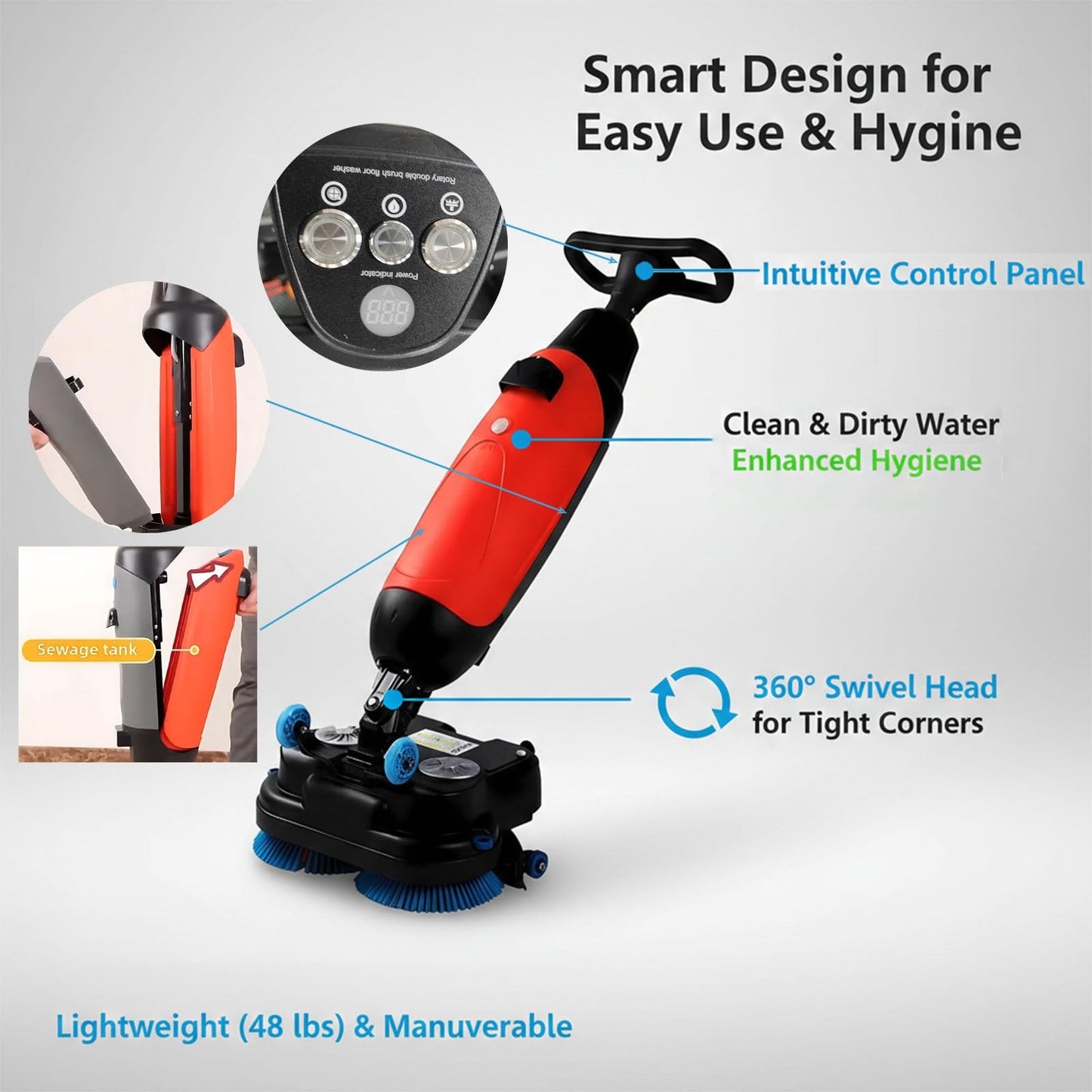 Efficieran Commercial Floor Washer And Buffer, Walk Behind Electric Floor Scrubber Machine For Concrete, Vinyl And Luxury Wood, 360° Rotating Head Portable Cleaner, Cordless