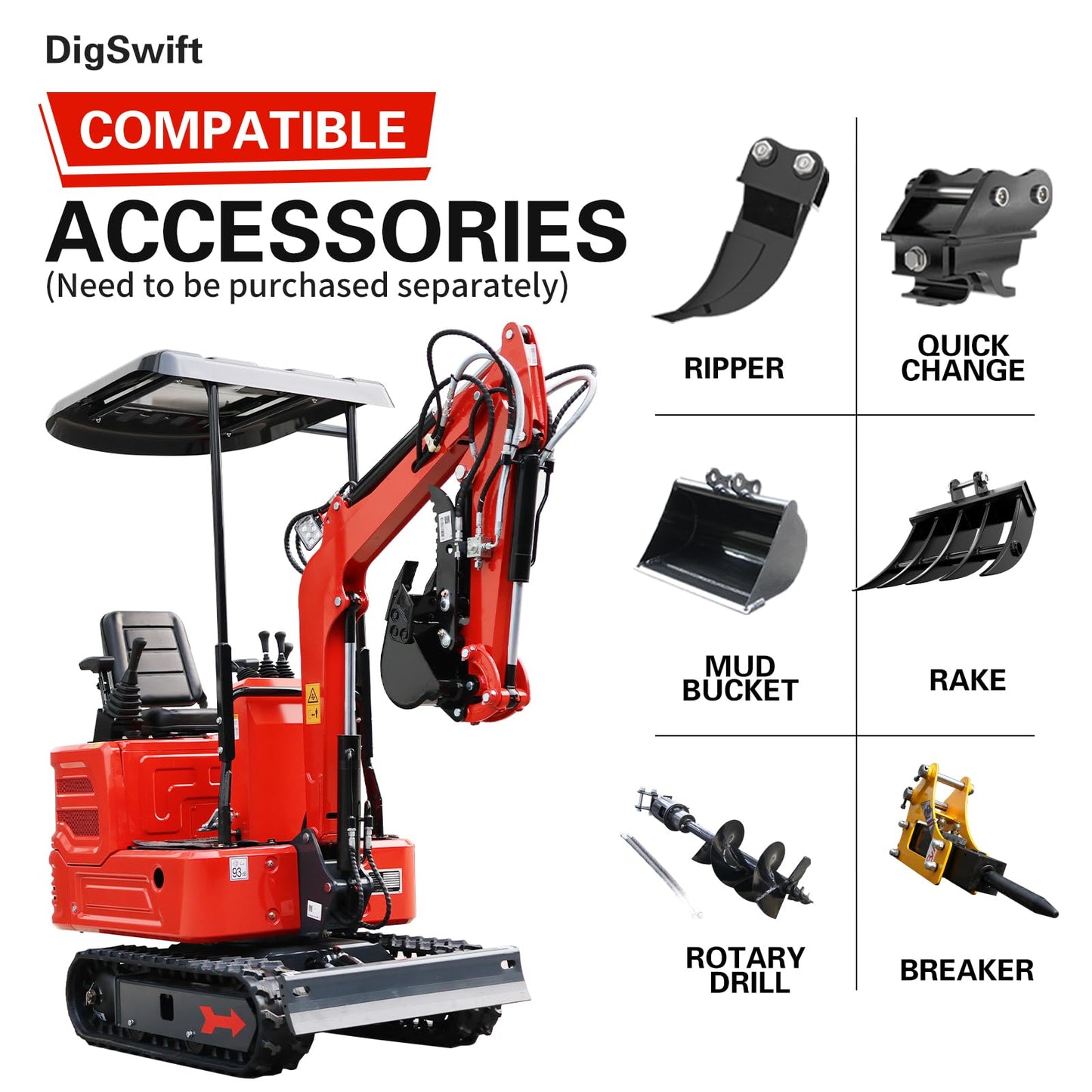 DS-16, 1.4 Tons KubotaDiesel Mini Excavator, w/Pilot System Quick Coupler, Ripper, Rake, Toothless Bucket, Grapple, Auger, Hydraulic Hammer Breaker Kit, Work for Any Occasions, US in Stock red