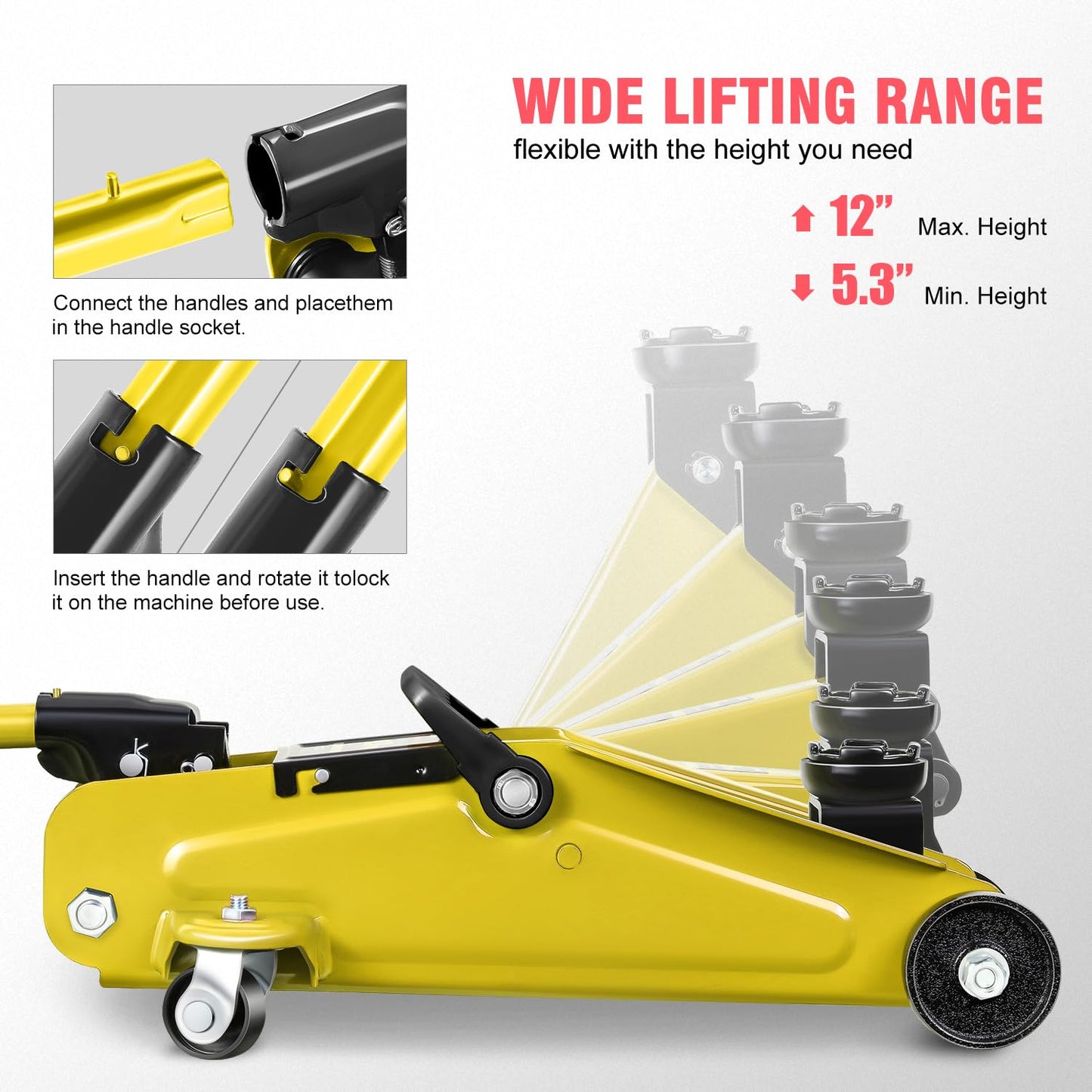 DNA Motoring Low Profile Hydraulic Trolley Service/Floor Jack, 1.5 Ton (3000 lbs) Capacity, Lifting Range 5.3"-12", Yellow, TOOLS-00326-YL