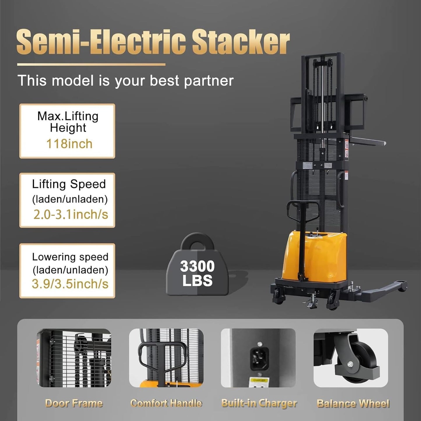 Aequanta Semi Electric Pallet Stacker Power Forklift Across Legs 3300lbs Capacity 118" Lifting Height with Adjustable Forks