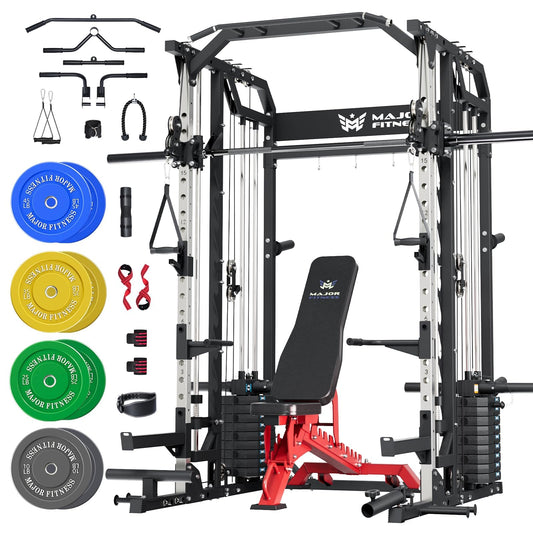 Major Fitness Drone2 Advanced Training Smith Machines– All-in-One Home Gym Squat Rack with Aluminum Pulley Set , Weight Bar, Dual LAT Pull-Down Systems (SL D2AW Package(with Red Bench+230lb))