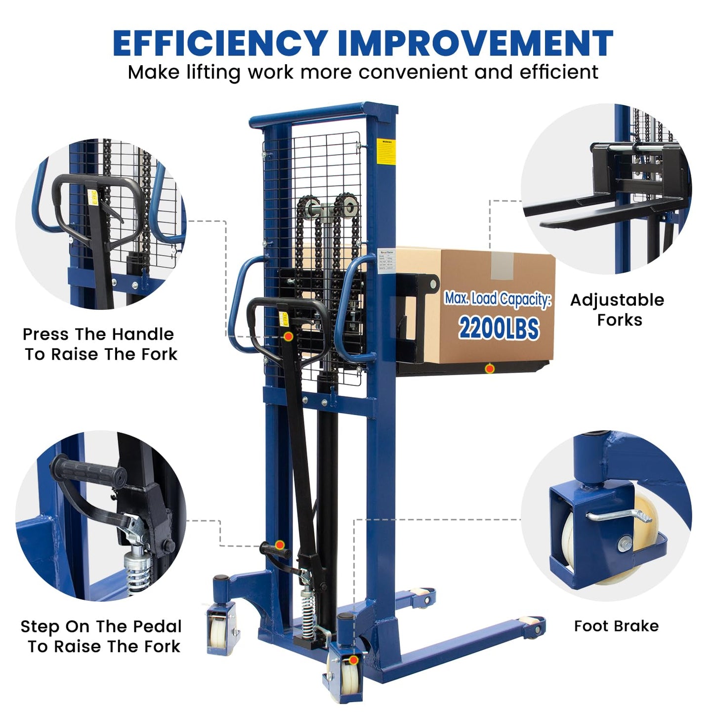 2200Lbs Manual Pallet Stacker - 63 Inch Lift Height Fixed-Fork Lifter | Adjustable Forks for Open Deck Pallet, Heavy-Duty Warehouse Lifter w/Safety Lock