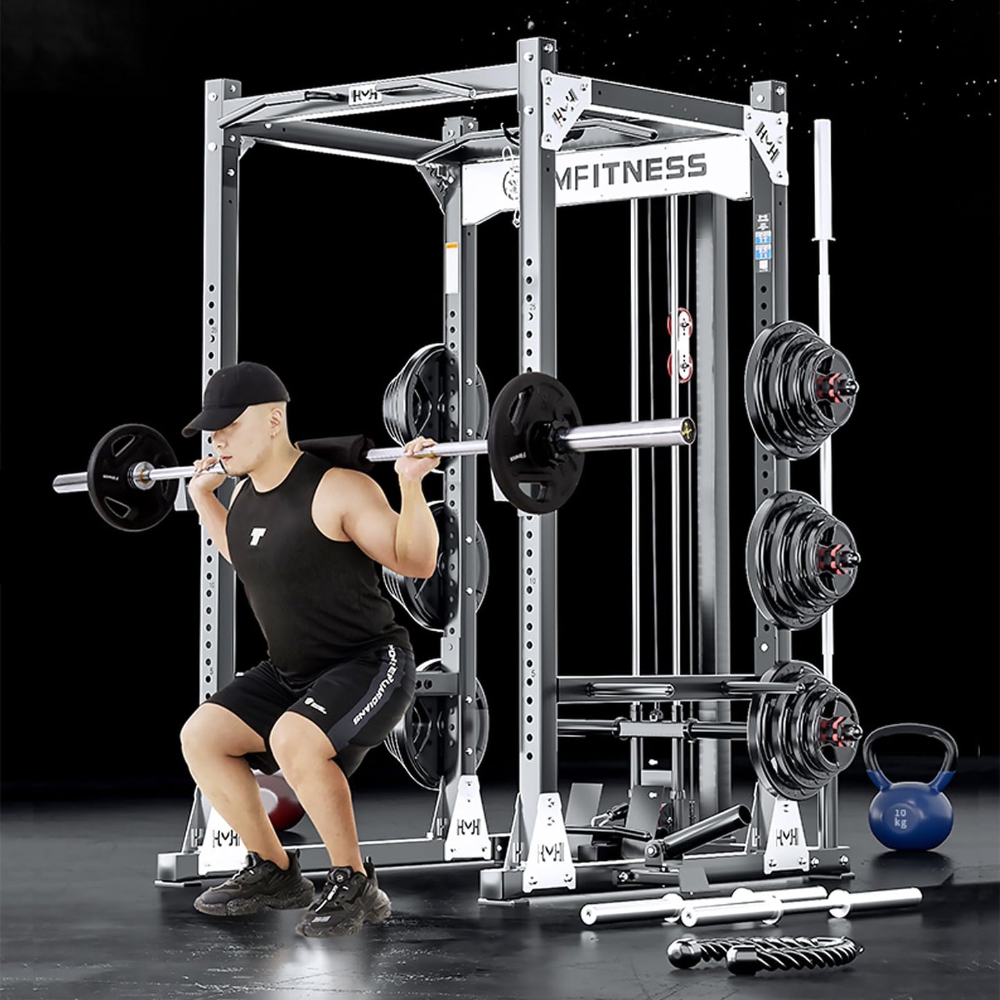 JZOPIDL X10 Power Cage with Adjustable Bench/Olympic Barbell/Cable Crossover/Smith Machine System, 4000LB Squat Rack for Home & Garage Gym, with Weight Storage Rack and Training Attachments