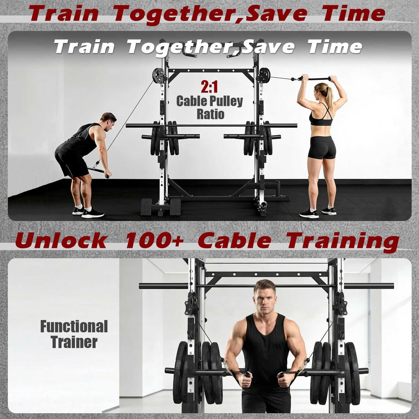 ONNO Smith Machine,2200lbs Squat Rack with LAT-Pull Down & Cable Crossover System,Multi-Function Power Cage for Home Gym with Leg Hold-Down Attachment(White)