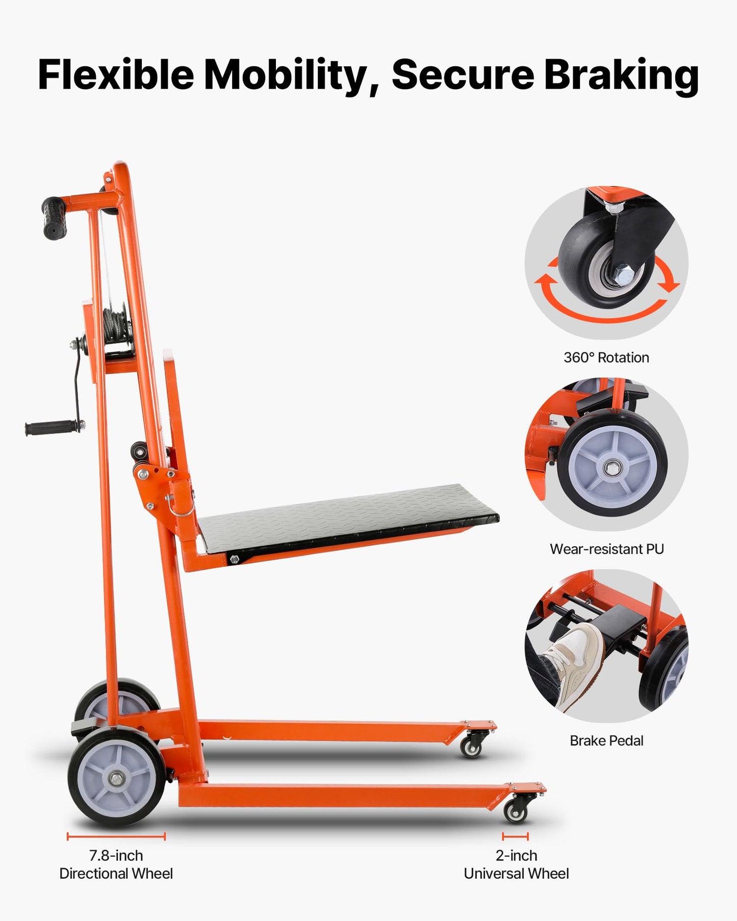 VEVOR Material Lift Winch Stacker, 330 lbs Capacity Hand Winch Lift Truck, 42.9 inch Lifting Height, Multifunctional Manual Pallet Truck Dolly with Swivel Casters & Lift Plate