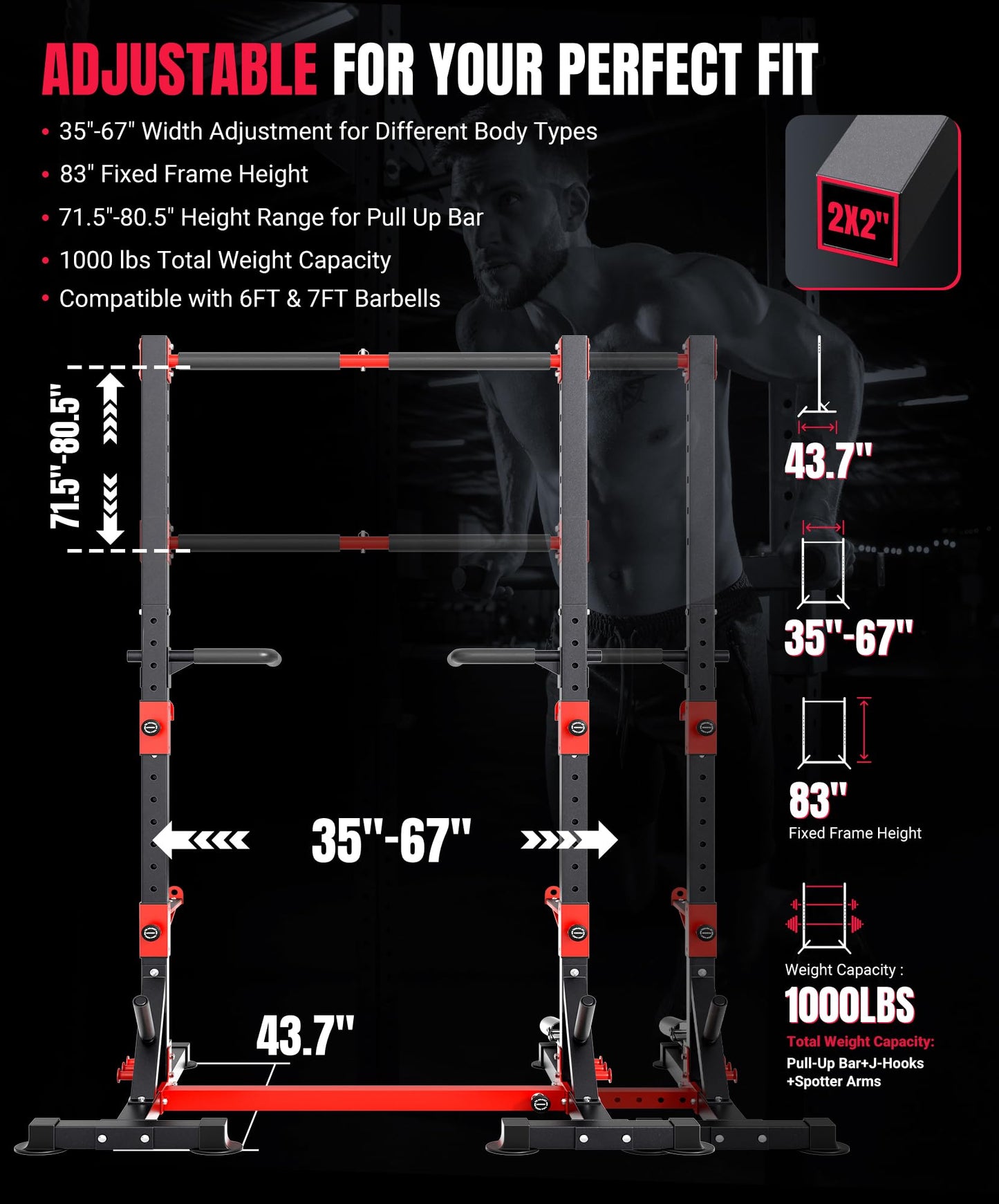 YOLEO Squat Rack with Adjustable Pull-Up Bar & Extended Safety Arms, Multi-Functional Power Racks Squat Stand for Home Gym, Garage & Basement, 35"-67" Width, Fixed 83” Frame Height, Pull-Up Bar Height 71.5"-80.5", Fits 6FT & 7FT Barbells