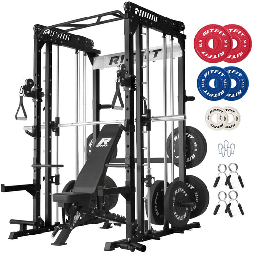 RitFit M1 Pro SmithMachine with Cable Crossover System, Multi-Function Squat Rack Power Cage for Home Gym, Power Rack and Packages Black（bp370 Package）