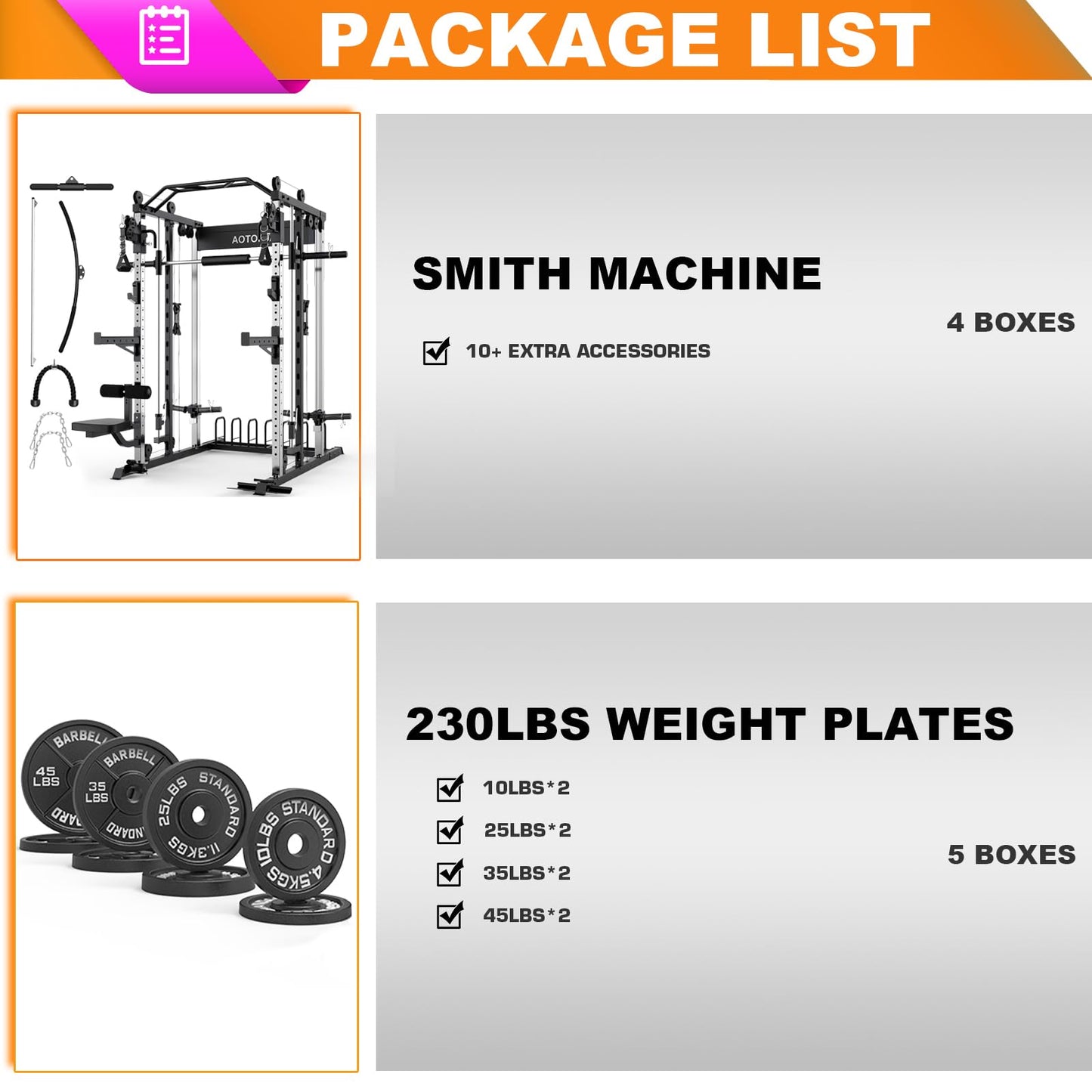 AOTORJAY Smith Machine with 230lbs Weight Plates - All-in-One Home Gym Power Cage with Cable Crossover, LAT Pull-Down, Squat Rack, Leg Press & Training Attachments for Full Body Strength Training