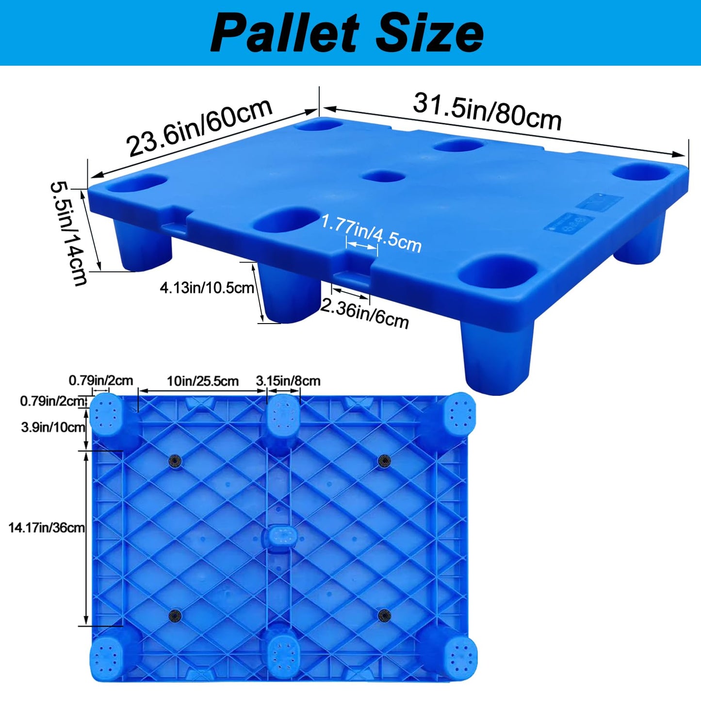 Plastic Pallet, Plastic Shipping Pallet with 1102 lb Dynamic/1764 lb Static Load, Industrial Plastic Pallet, 31.5" x 23.6" x 5.5" for Warehouse Use, Stackable with Nestable Design, Reusable, Blue