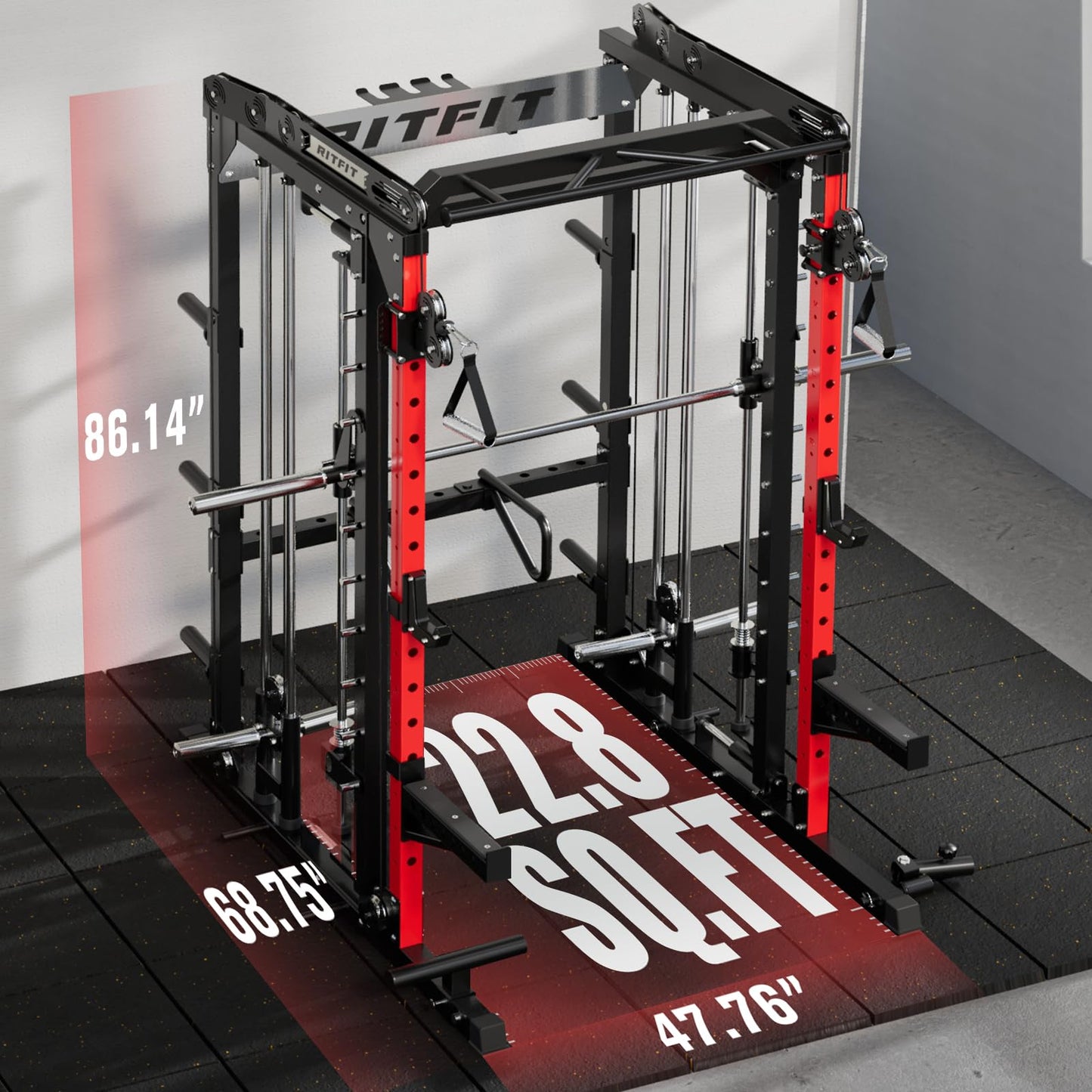 RitFit M2 Smith Machine with with Cable Crossover System, 3D Functional Trainer & Power Cage, 16 Adjustment Holes, 6 Storage Pegs for Full-Body Home Gym(M2-3D Red)