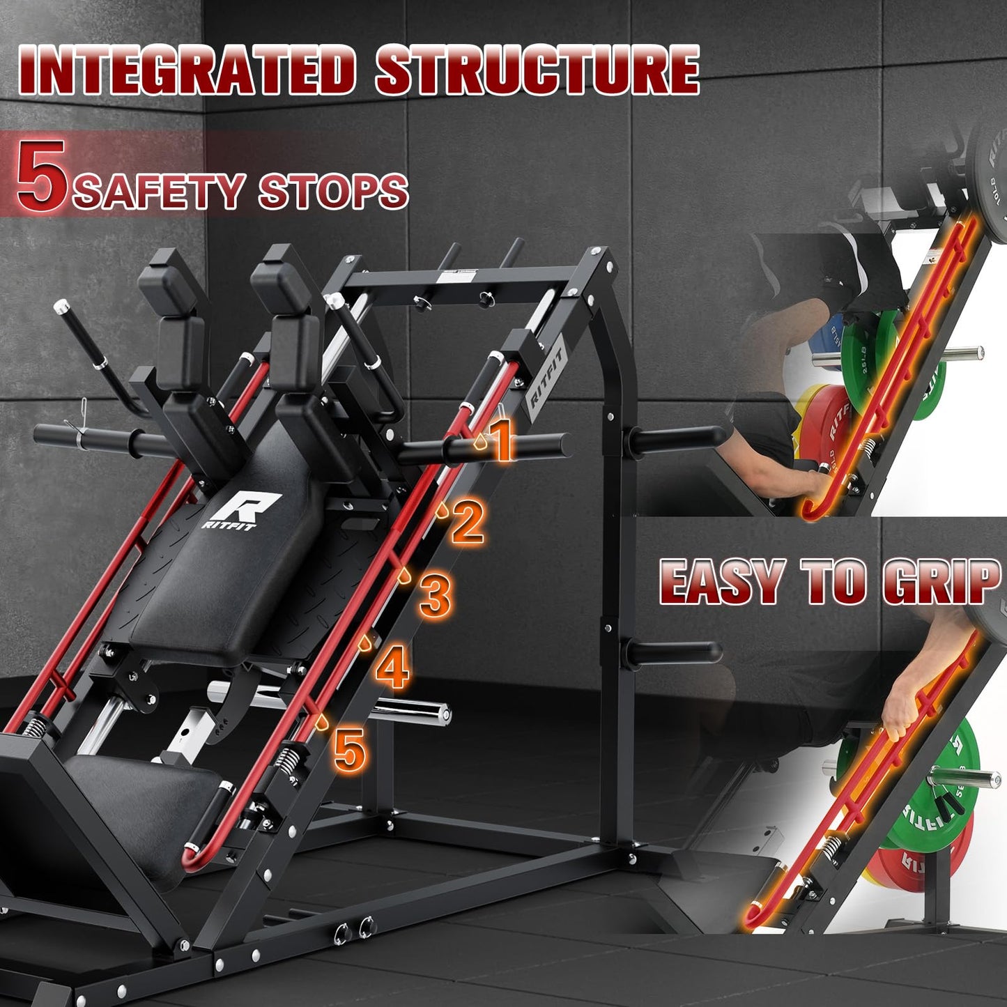 RitFit Gazelle Pro 3 in 1 Leg Press and Hack Squat Machine - High-Tensile Steel Leg Press Machine, 2000lbs Capacity, Adjustable Angles with Weight Storage (RED)
