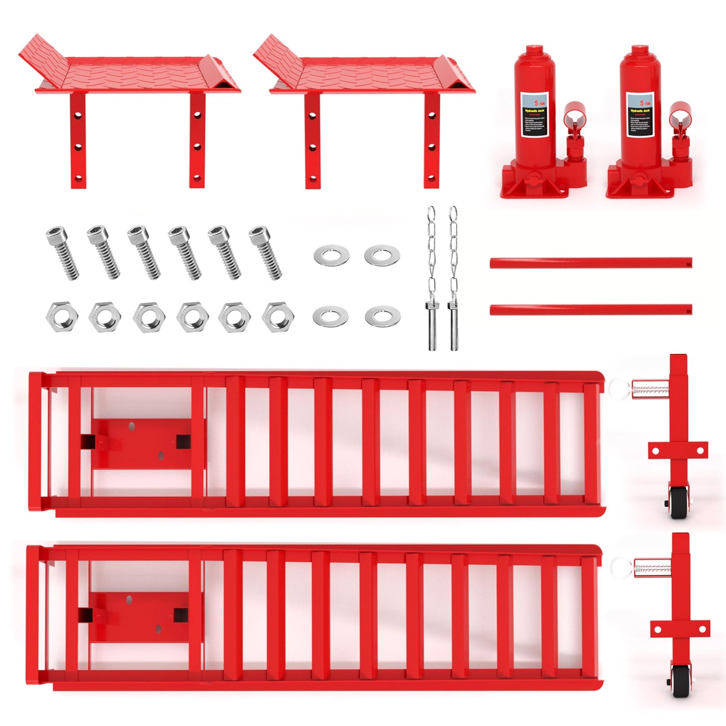 LOCKIETTA 2 PCS Hydraulic Car Ramps with Wheels, 11065LBS 5T Heavy Duty Car Ramp with Hydraulic Jack, Portable Car Lifts for Oil Changes for Home Garage, 9"-14.2" Lifts, Red