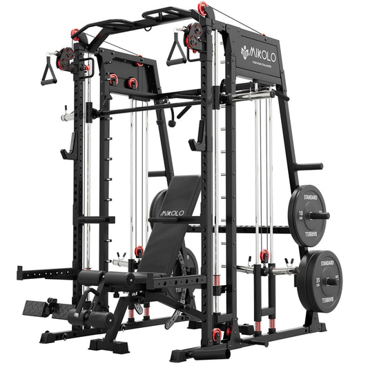 Mikolo M4 2.0 Ultra Smith Machine with 230 lbs Bumper Weight Plates, Multi-Function Squat Rack with LAT-Pull Down System & Cable Crossover Machine, Home Gym Equipment, Black