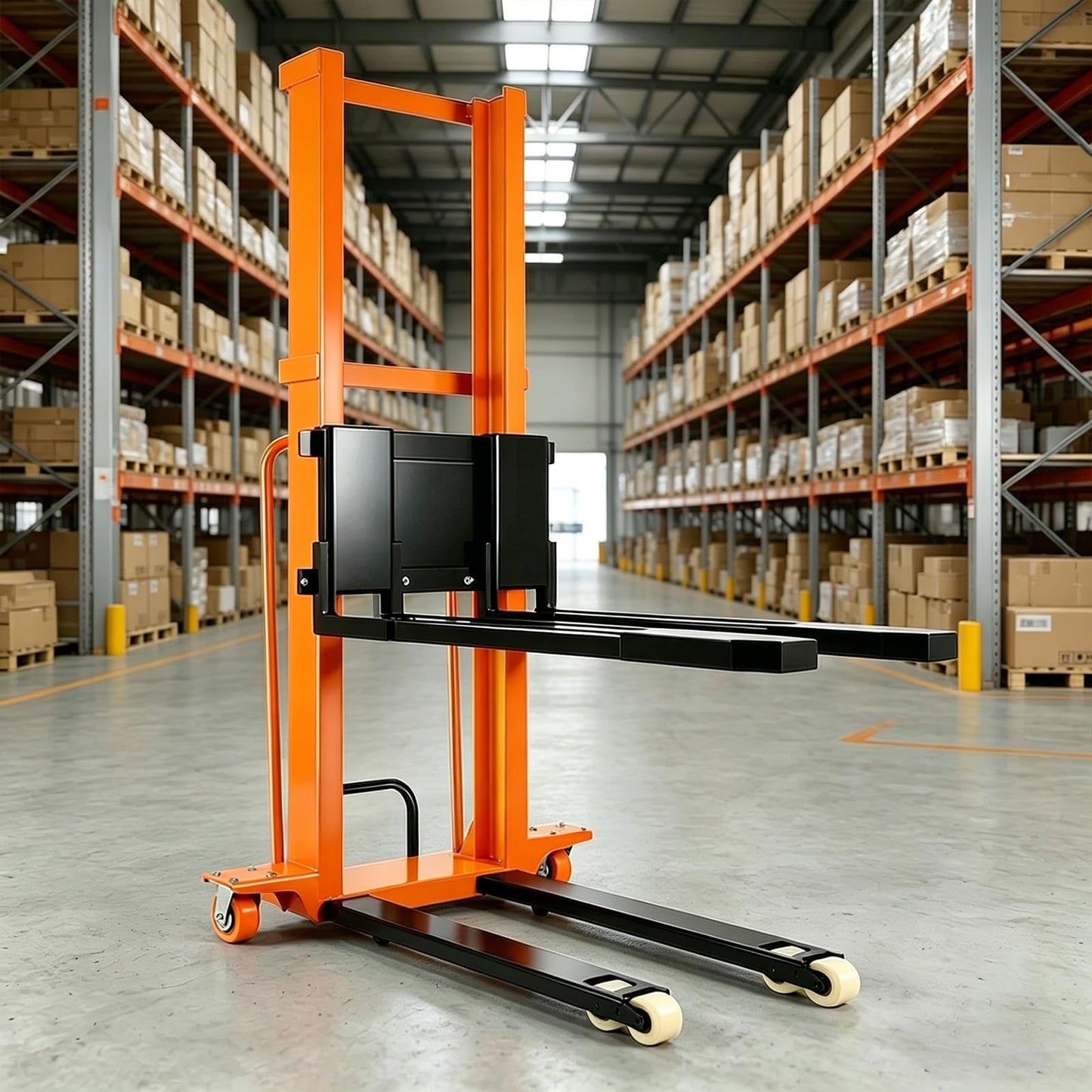 Material Lift Winch Stacker with Swivel & Rubber Wheels, 1100lbs Capacity Adjustable Straddle Material Lifter, Manual Material Lifts, Hand Winch Lift Trucks for Warehouse, Logistics, Factory