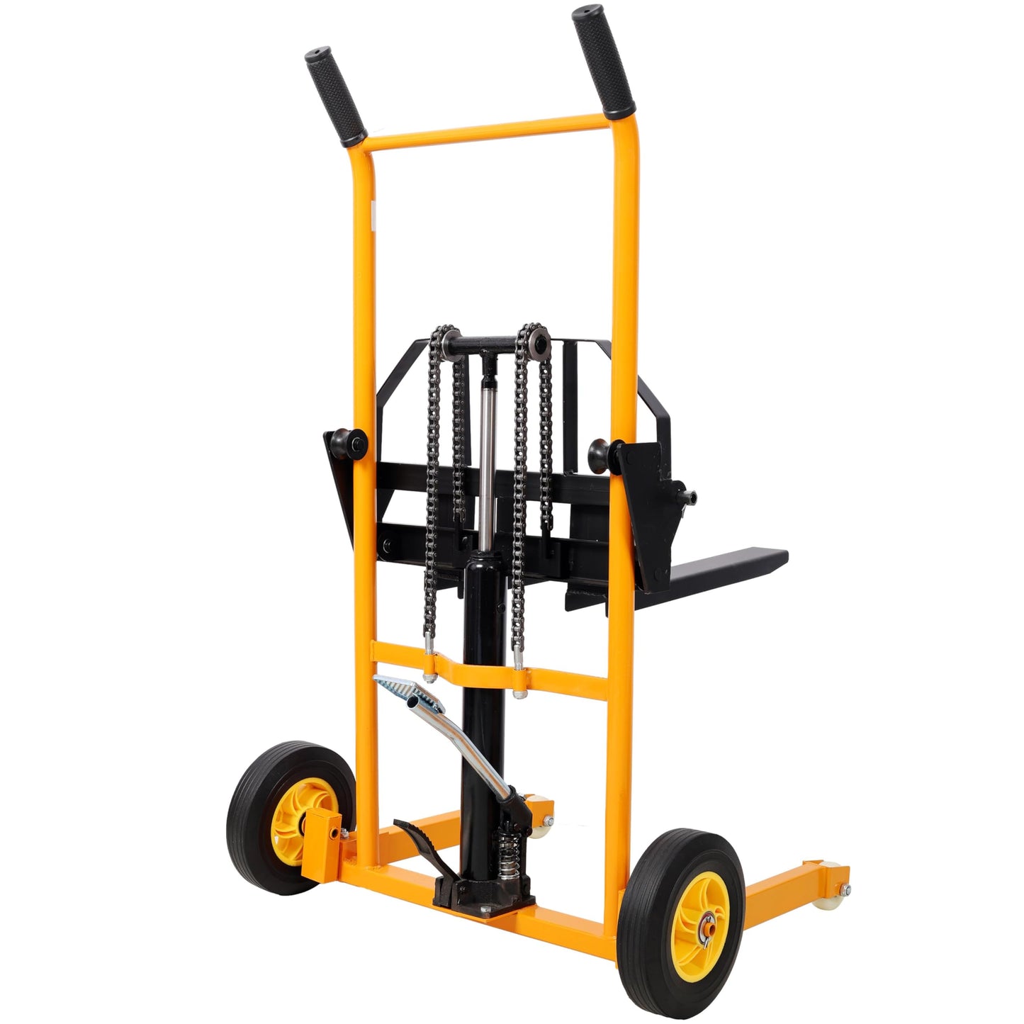 Hydraulic Manual Forklift Pallet Stacker Forks 440 lbs Load Capacity Steel Material with Swivel Casters Rear Rubber Tires 30" x 26" x 49.25"H Heavy Duty Dolly Hand Truck Transporter Yellow