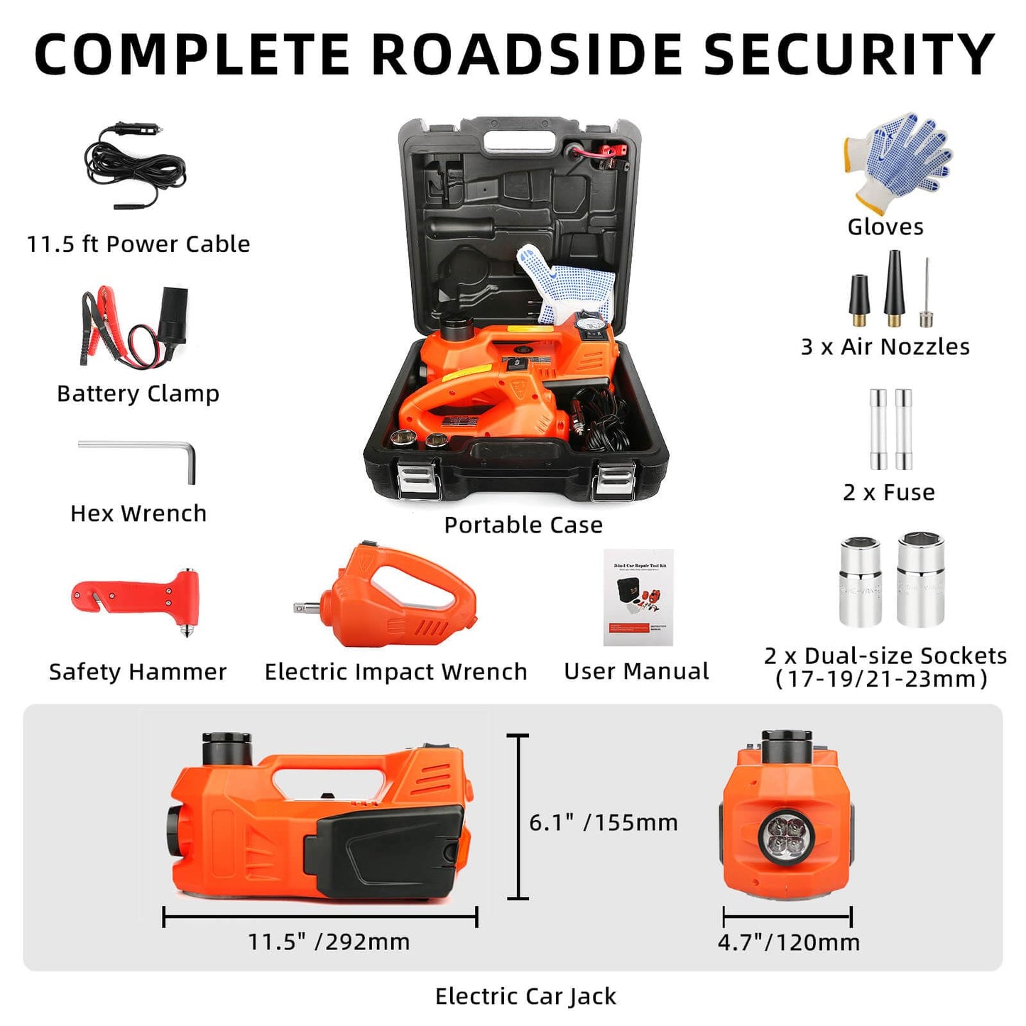 SEICETEC Electric Car Jack, 5 Ton Hydraulic Floor Jack with Electric Impact Wrench, Tire Inflator & LED Light, Lift Range 6.1-17.7 Inch, Emergency Roadside Tire Changing Kit for SUV Sedan Truck