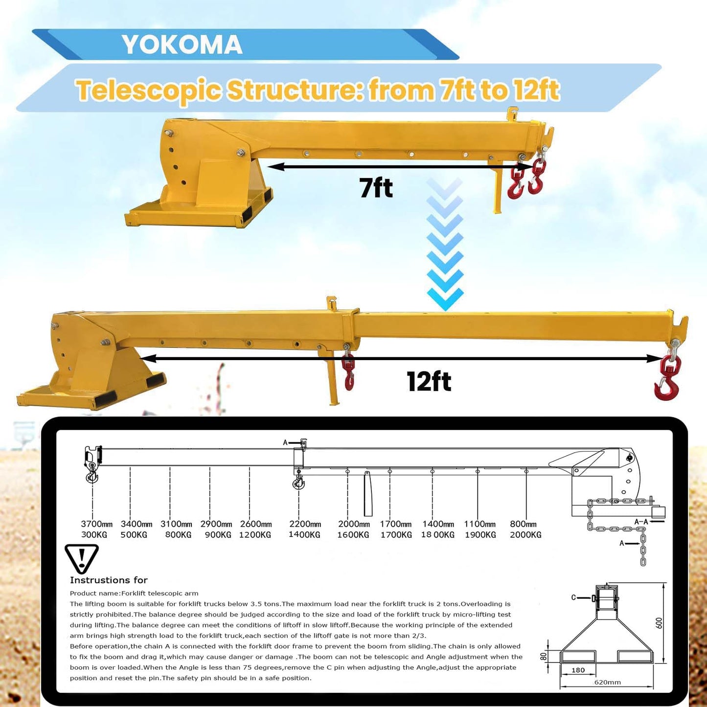 Yokoma 2000KG/4400LB Forklift Jib Boom Adjustable Mobile Crane Lifting Hoist with 0-75° Adjustable Tilt, 2 Lifting Hooks Hoist, Telescopic Booms Attachments for Towing Handling Equipment