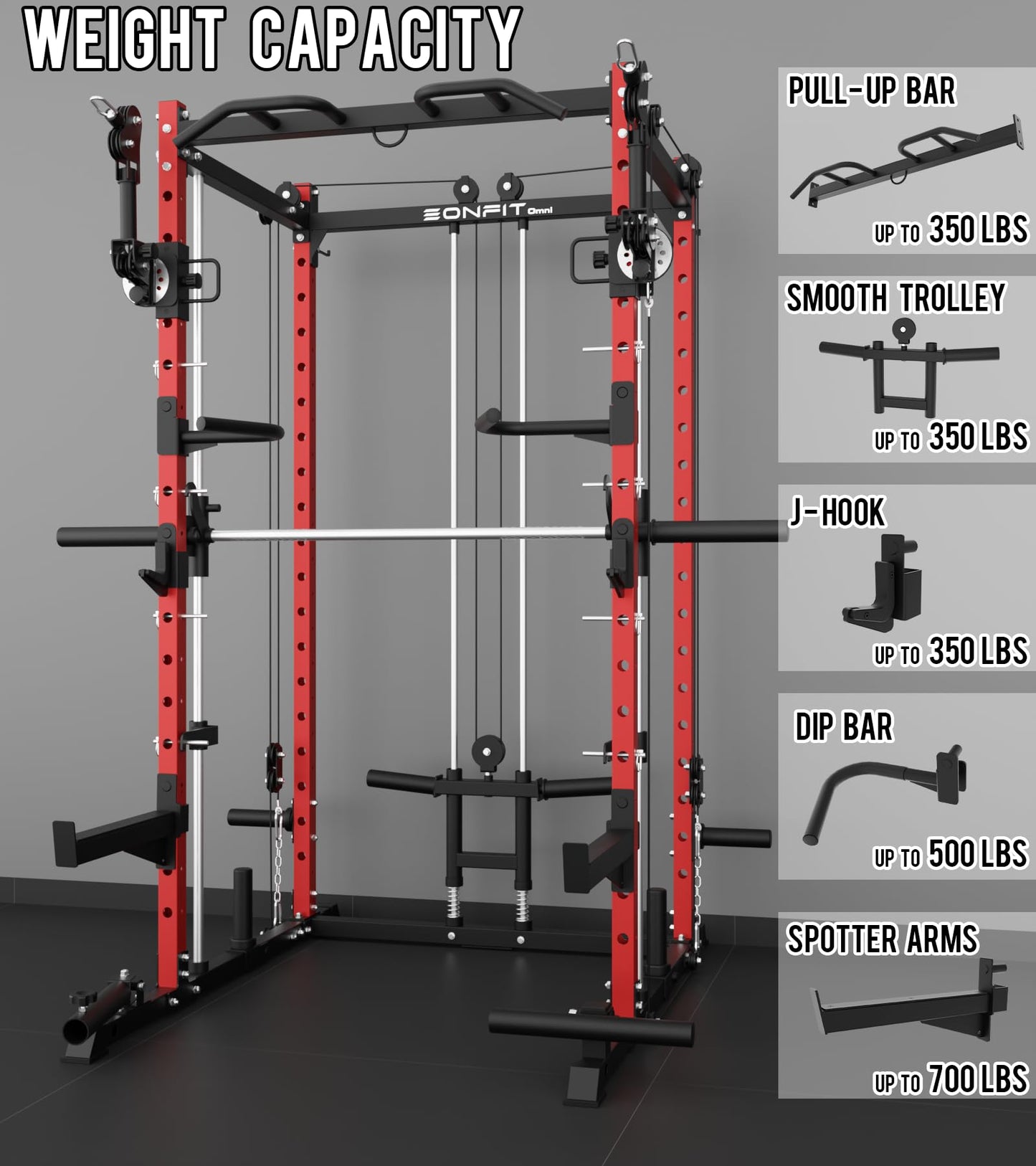 Eonfit E3 Smith Machine with 3D Rotating Arm for Home Gym Equipment, Multi-Function Power Cage Squat Rack with Cable Crossover LAT Pulldown Pulley System All in One (RED, PRO)
