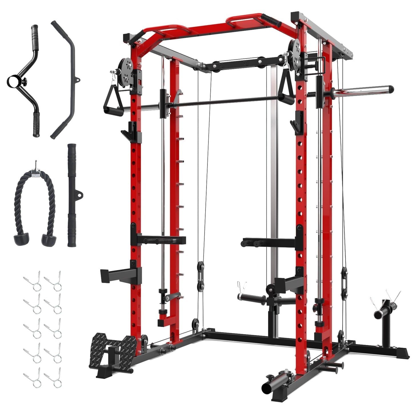 GAOMON Smith Machine Squat Rack, Heavy Duty Strength Training Power Cage with Pulley System, Dip Bar, LAT Pulldown, Multifunctional Workout Machine for Home Gym, Studio, Red