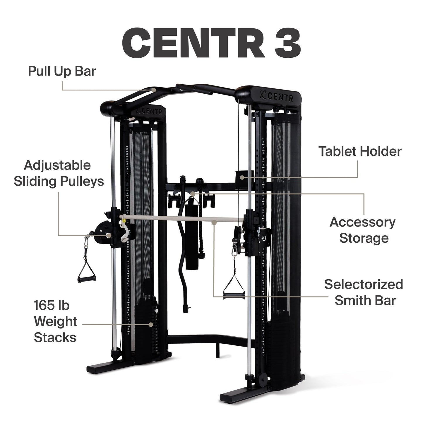 Centr 3 Home Gym Functional Trainer with Selectorized Smith Bar - Dual 165 lb Weight Stacks & Smooth-Glide Pulley System - Full Body Cable Machine with 7 Accessories for Strength Training