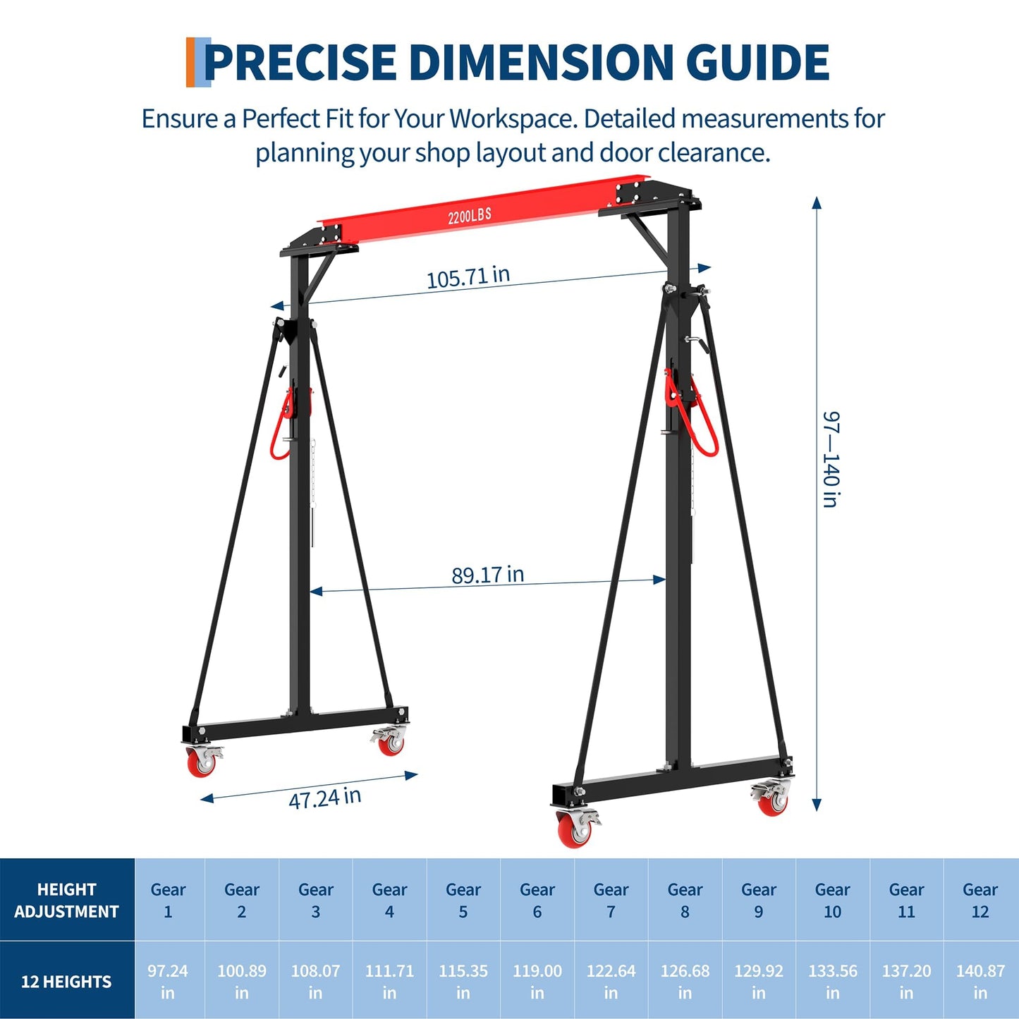 Adjustable Gantry Crane 1 Ton 2200 Lb, 12 Height Positions 97-141 in, Triangle Base a-Frame, Heavy Duty Steel i-Beam, Portable Lifting Crane for Warehouse, Shop, Construction
