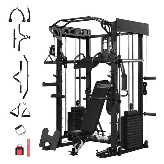 Smith Machine with Bench, Chest Fly and Leg Press, Dual 313 lb Weight Stacks, All in One Home Gym with Power Cage, Cable Pulley and LAT Pulldown for Full Body Strength Training