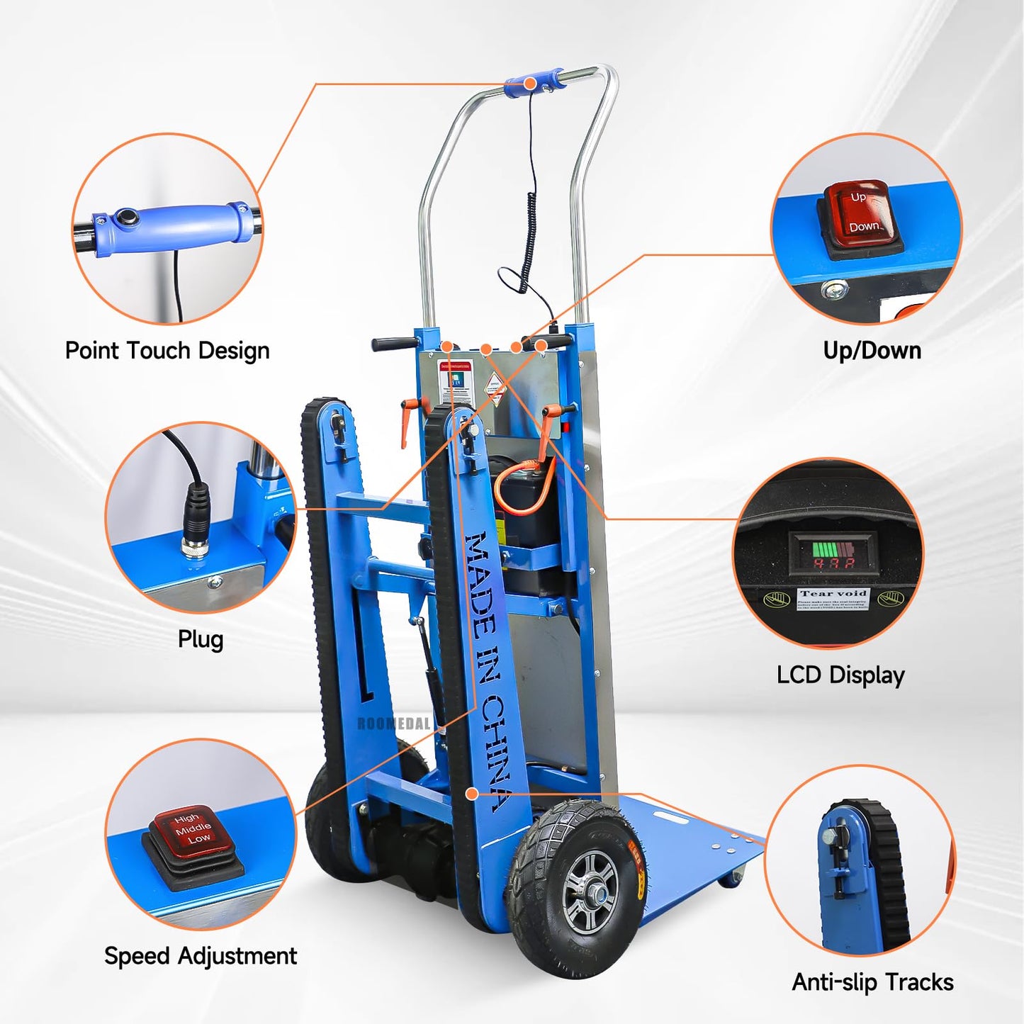 ROOMEDAL Electric Stair Climbing Dolly, 661lb 600W Powered Electric Stair Climbing Hand Trucks Dolly Cart with Rubber Tracks for Moving, Heavy Duty Stair Climber (Blue)