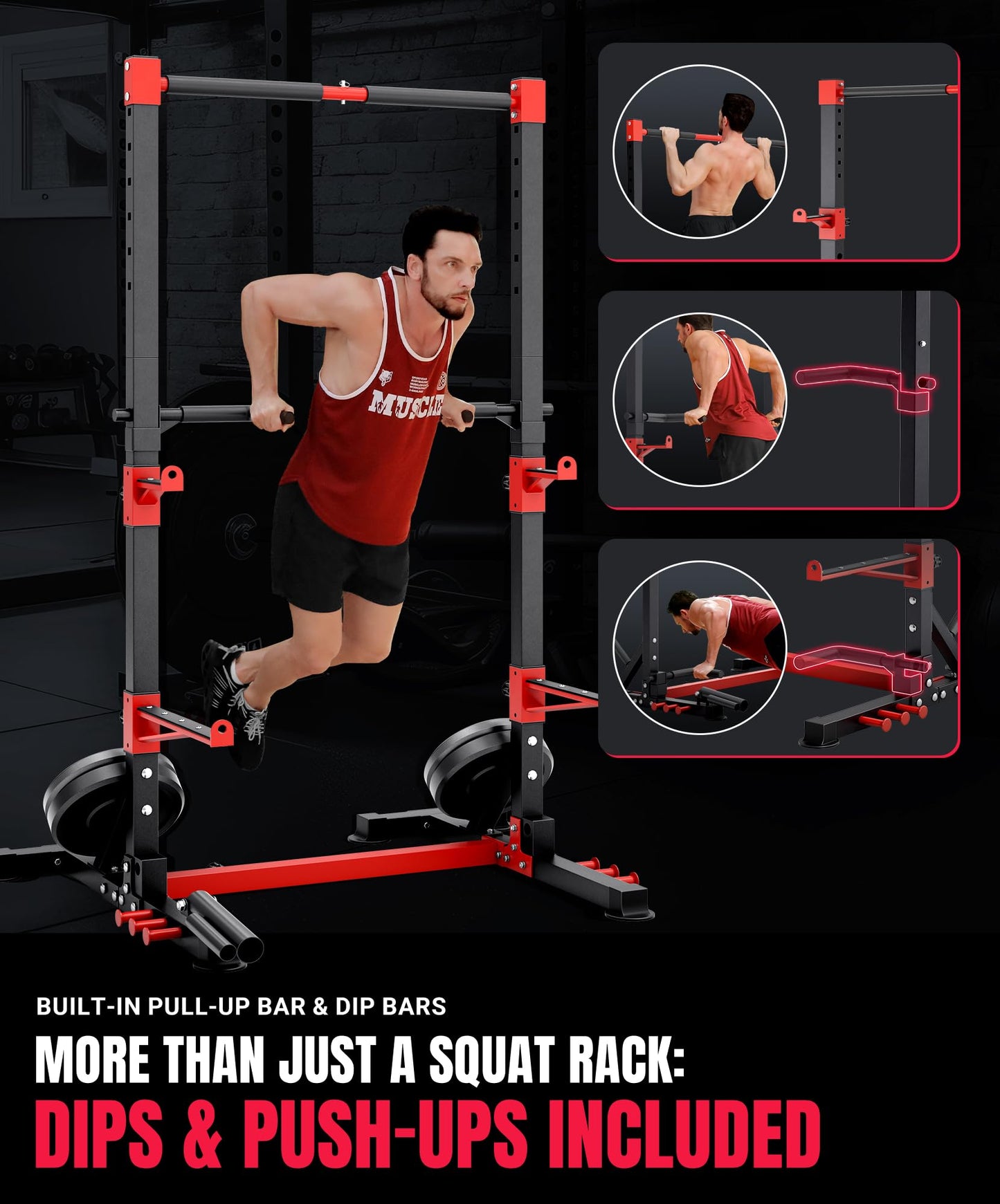 YOLEO Squat Rack with Adjustable Pull-Up Bar & Extended Safety Arms, Multi-Functional Power Racks Squat Stand for Home Gym, Garage & Basement, 35"-67" Width, Fixed 83” Frame Height, Pull-Up Bar Height 71.5"-80.5", Fits 6FT & 7FT Barbells