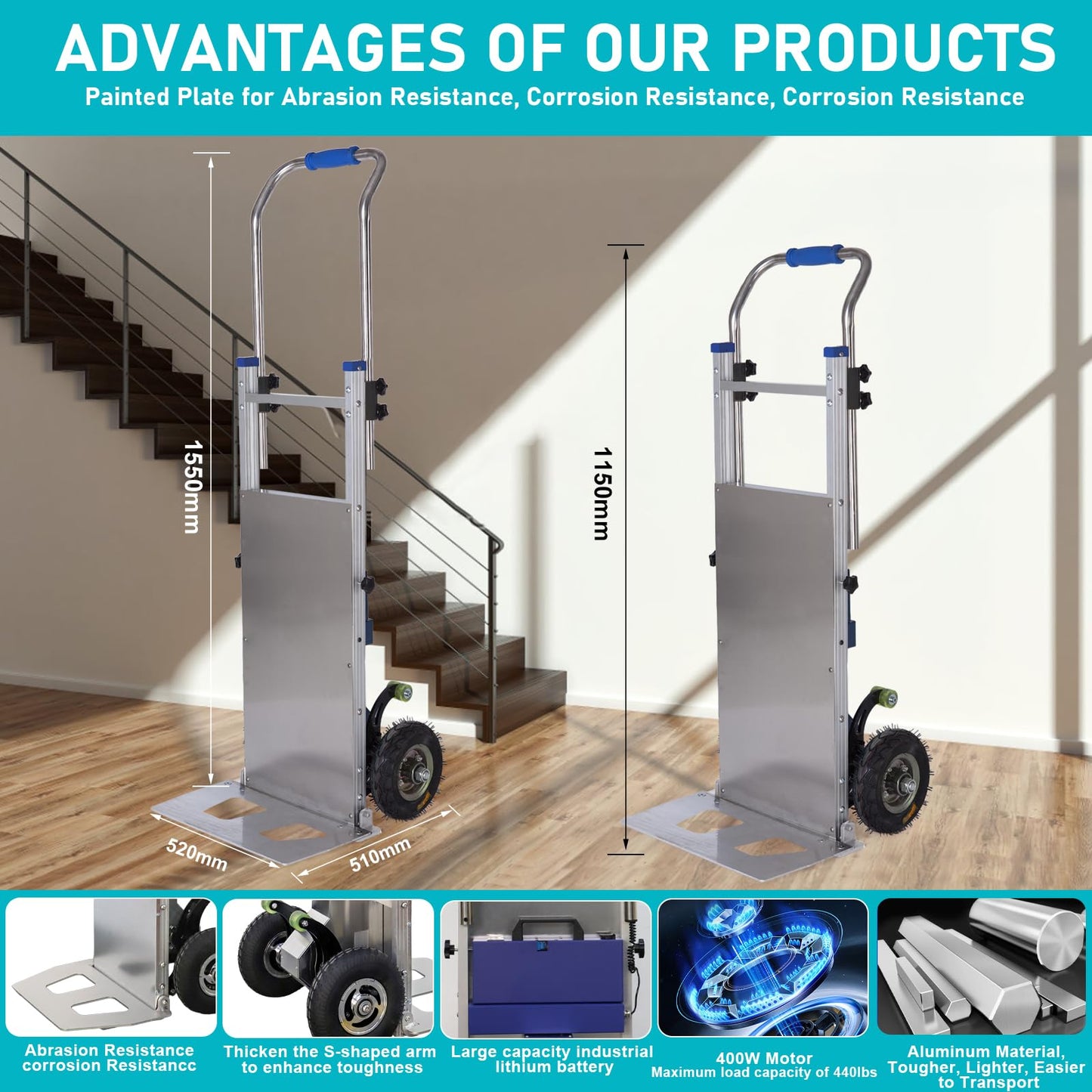 HITUGU Electric Stair Climbing Hand Trucks Dolly Cart, 440lb Load Capacity Heavy Duty Stair Climbing Cart Aluminum Powered Stair Climbing Hand Truck with Extensible Handle