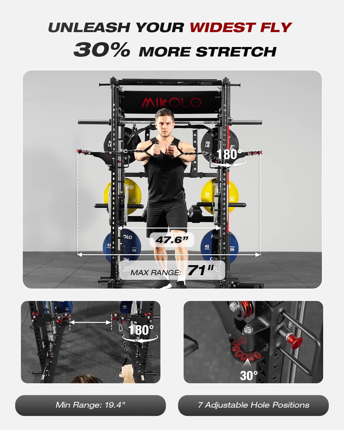 Mikolo Smith Machine, Multi-Function Power Cage with Dual Pulley System, Vertical Leg Press Attachment, Squat Rack Power Rack with More Training Attachment for Home Gym (M7230HPHGPB)