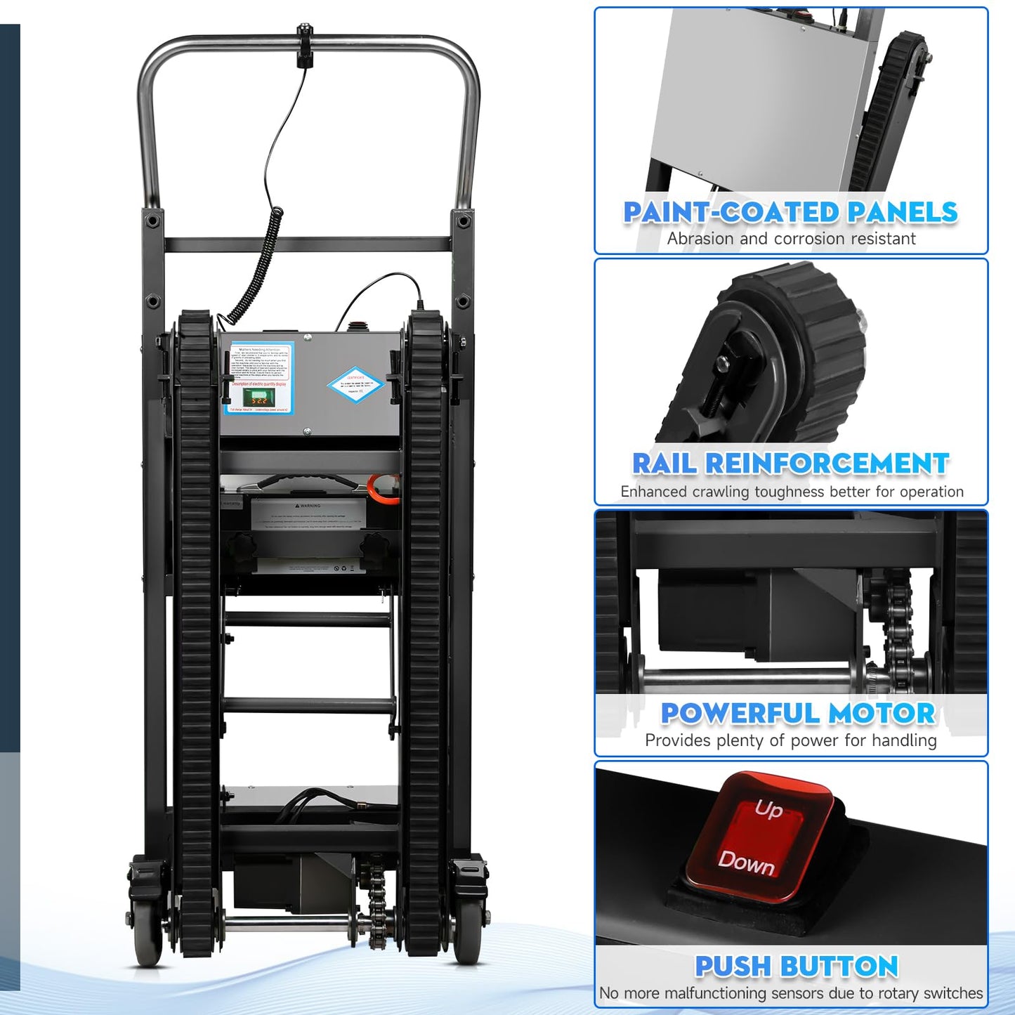 Electric Stair Climbing Dolly, Heavy Duty Stair Climber 900lbs Capacity 1250W Motorized Hand Truck with Ropes & Foldable Design for Moving Furniture Logistics (Black, Big Wheels)