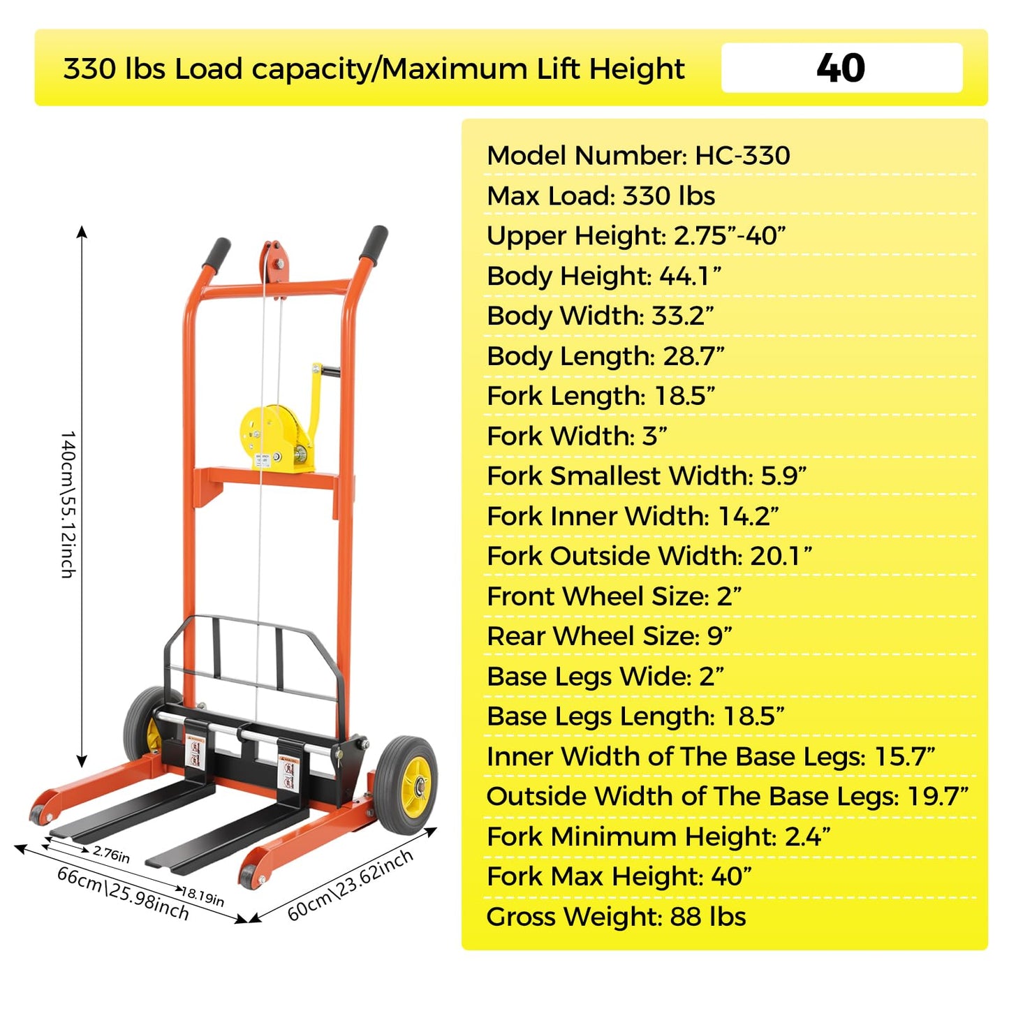 FiueStur Material Lift Winch Stacker 330 lbs Capacity Pallet Truck Dolly 40 Inch Lift Height Lift Table Adjustable Forks 9 Inch Wheels for Warehouse Workshop Material Handling