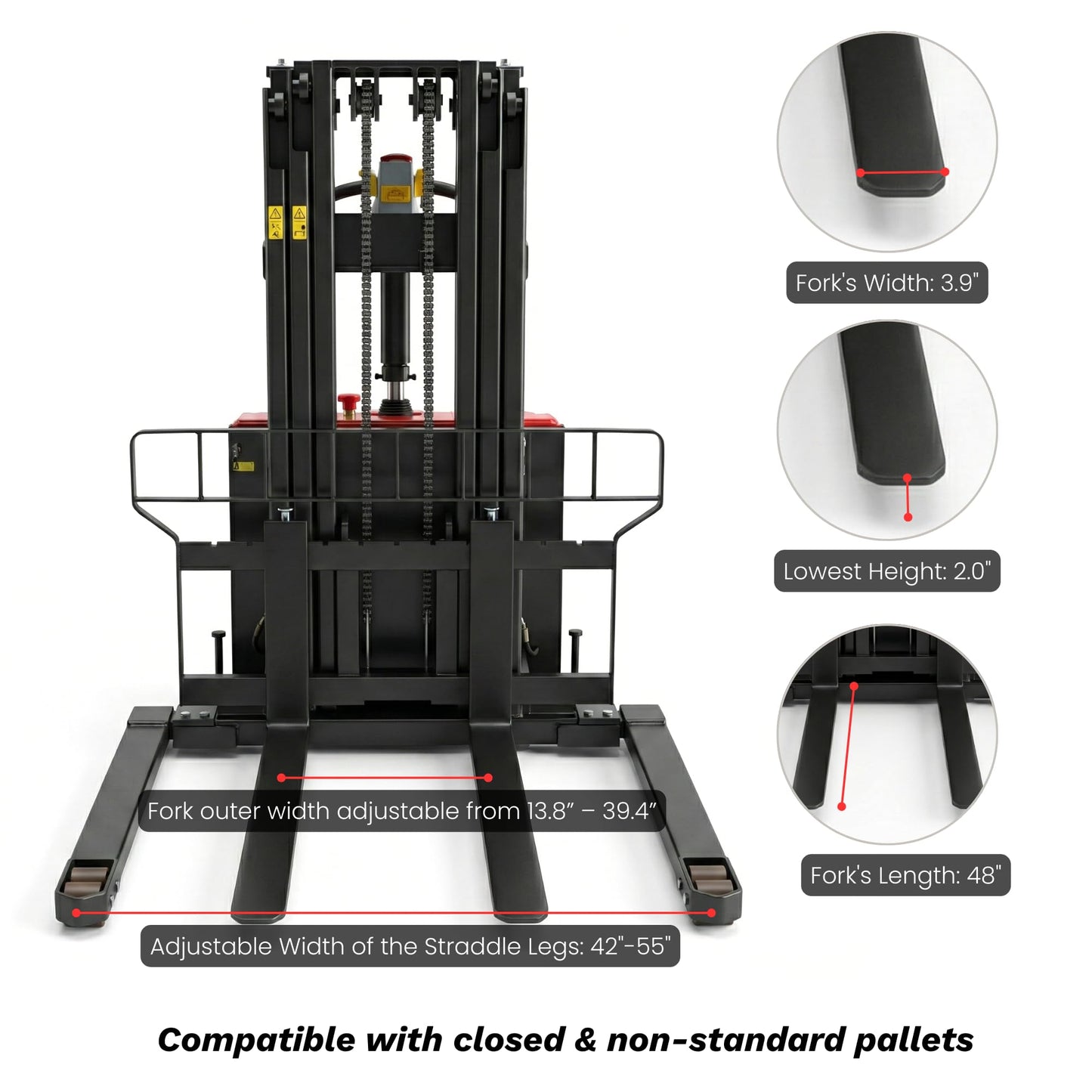 SUNMAX PS3300FEAS-3M Fully Electric Pallet Stacker, 3300 lb Capacity, 118" Lift Height, Walk-Behind Warehouse Stacker with Adjustable Straddle Legs