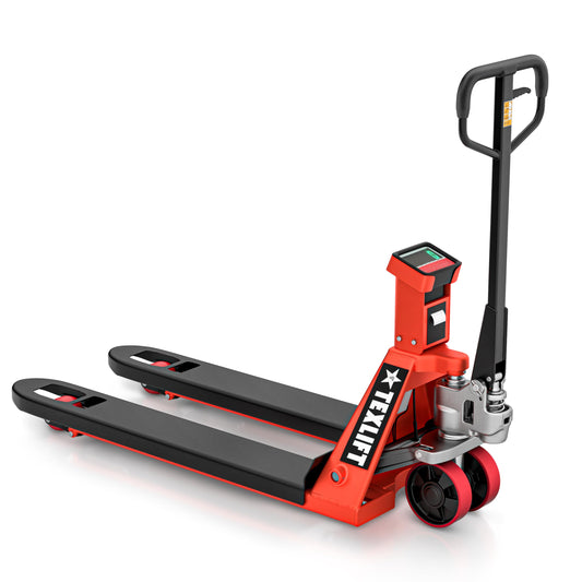 Industrial Manual Pallet Jack with Built-in Scale & Printer, 5500 lb Capacity, 48" x 27" Forks, Heavy-Duty Hand Pallet Truck with Digital Weighing & Receipt Printing, 8" Lift Height (US-PTSCP55K.)