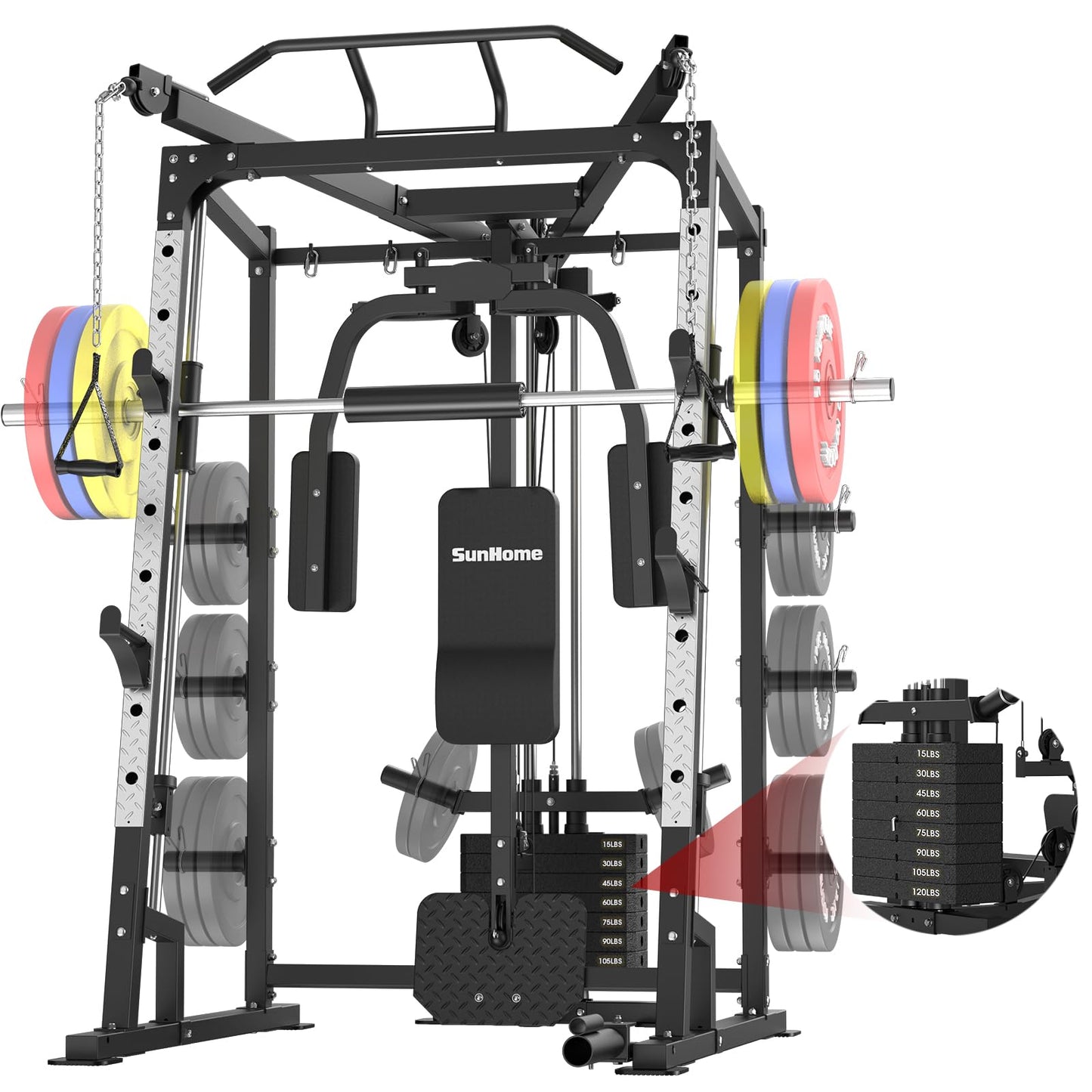 SunHome Smith Machine with 120LBS Weight Stack, 2000LBS Power Cage Squat Rack with Smith Bar, Two LAT Pull-Down Systems, Cable Crossover Machine and and More Cable Attachment for Home Gym