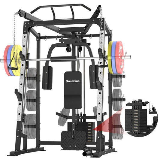 SunHome Smith Machine with 120LBS Weight Stack, 2000LBS Power Cage Squat Rack with Smith Bar, Two LAT Pull-Down Systems, Cable Crossover Machine and and More Cable Attachment for Home Gym