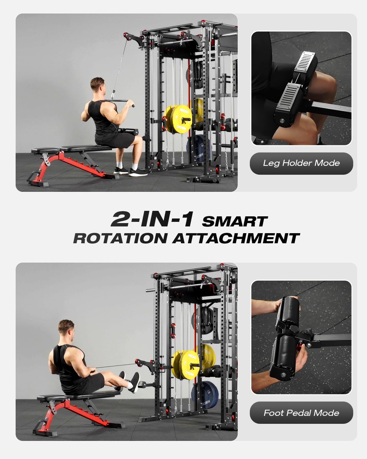 Mikolo Smith Machine, Multi-Function Power Cage with Dual Pulley System, Vertical Leg Press Attachment, Squat Rack Power Rack with More Training Attachment for Home Gym (M7230CPHGPB)